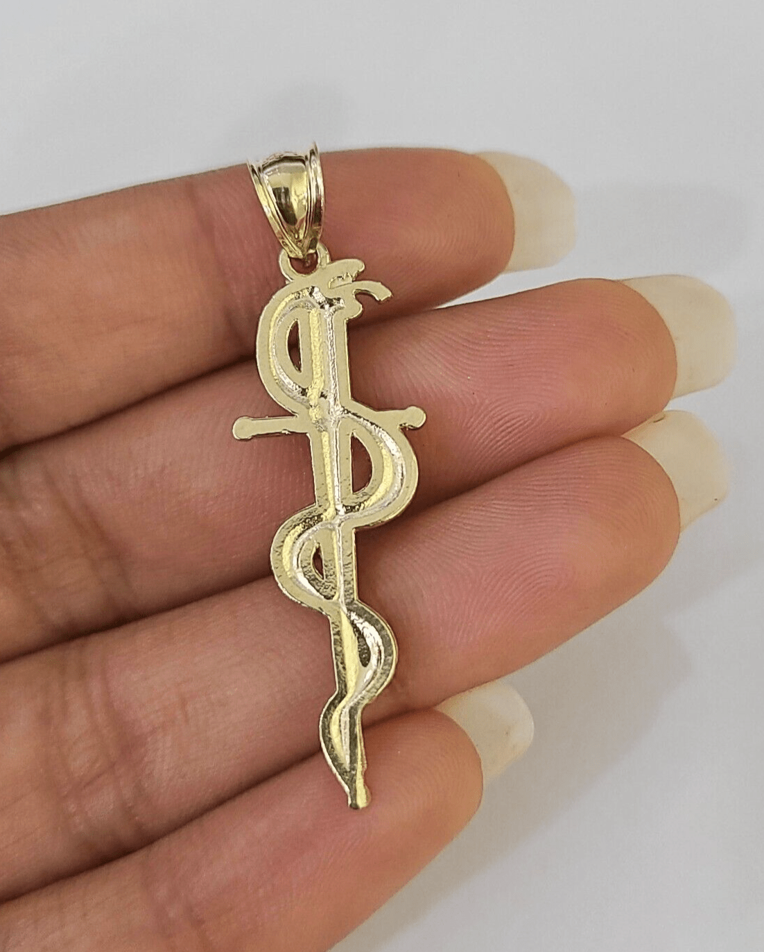 Real 10K Snake Sword Pendant 1.5" Yellow Gold Charm Veterinarian Caduceus - GoldenlinQ