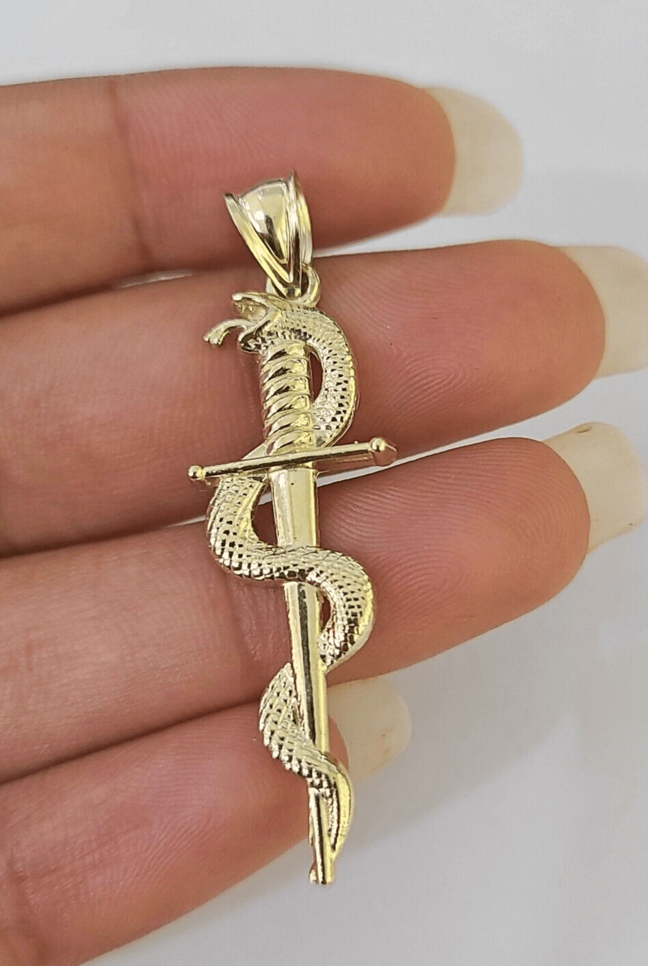 Real 10K Snake Sword Pendant 1.5" Yellow Gold Charm Veterinarian Caduceus - GoldenlinQ