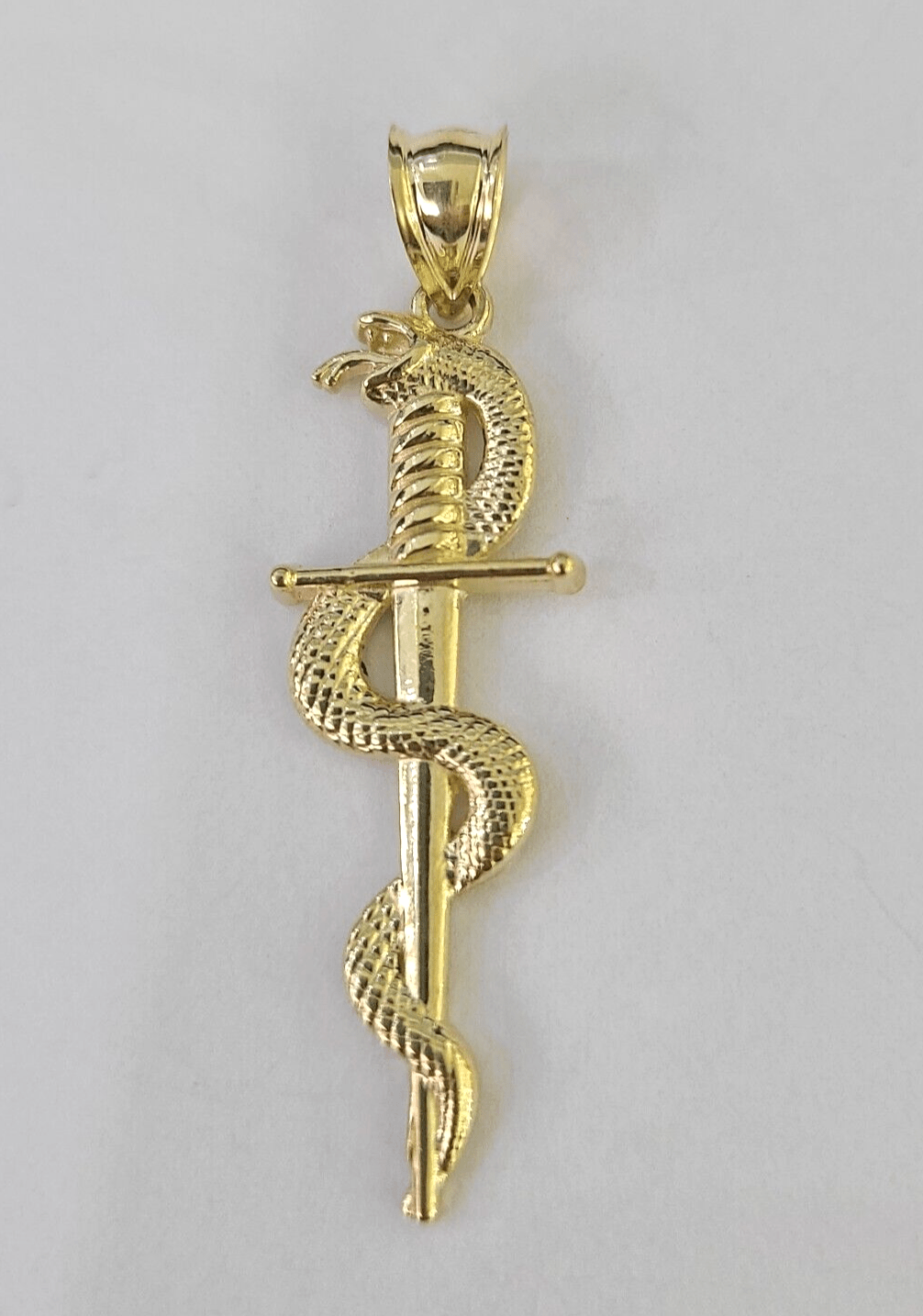 Real 10K Snake Sword Pendant 1.5" Yellow Gold Charm Veterinarian Caduceus - GoldenlinQ
