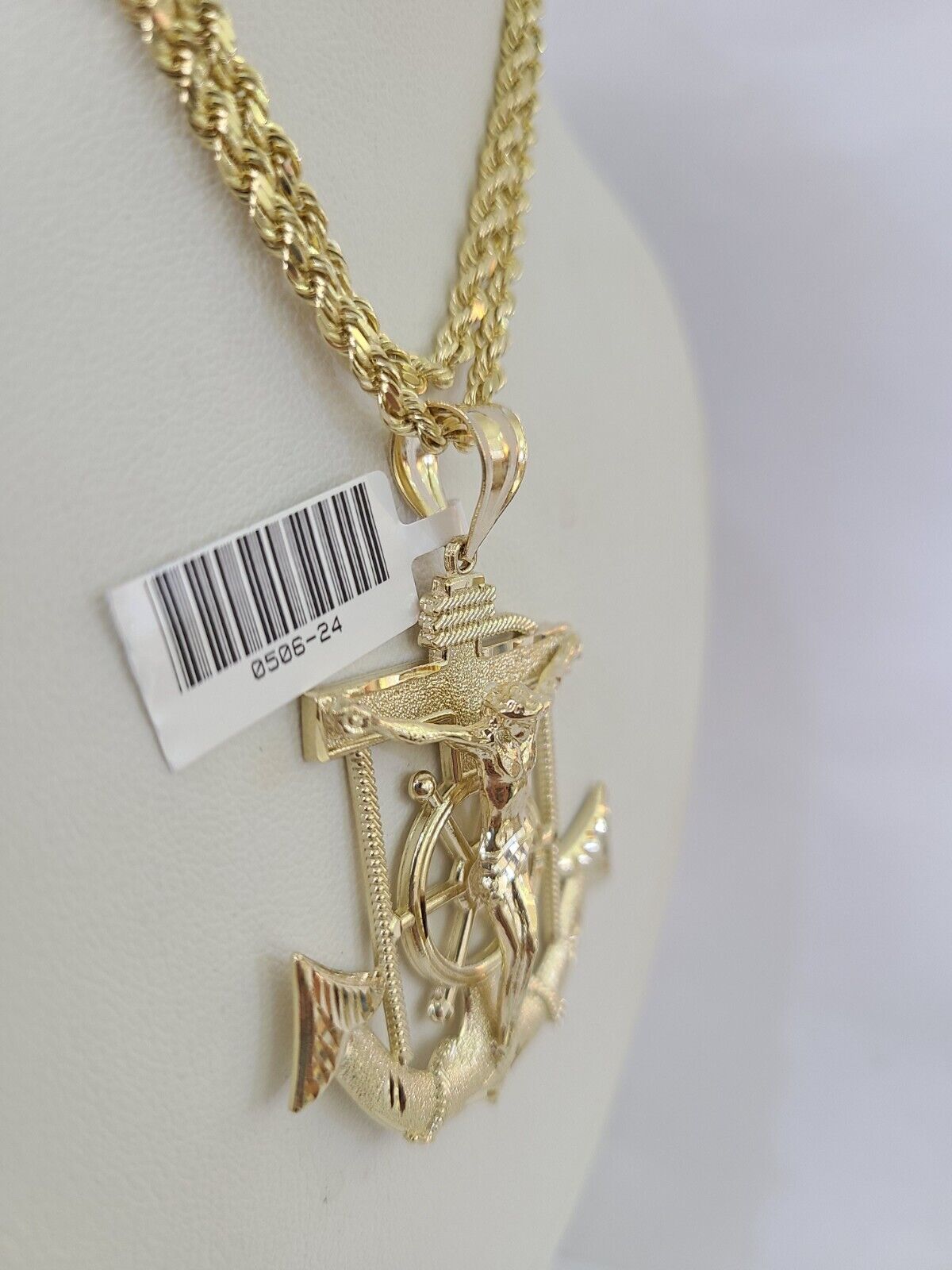 Real 10k Solid Rope Chain Jesus Anchor Charm Set 3mm 20" - 30" Inch Necklace Gold - GoldenlinQ