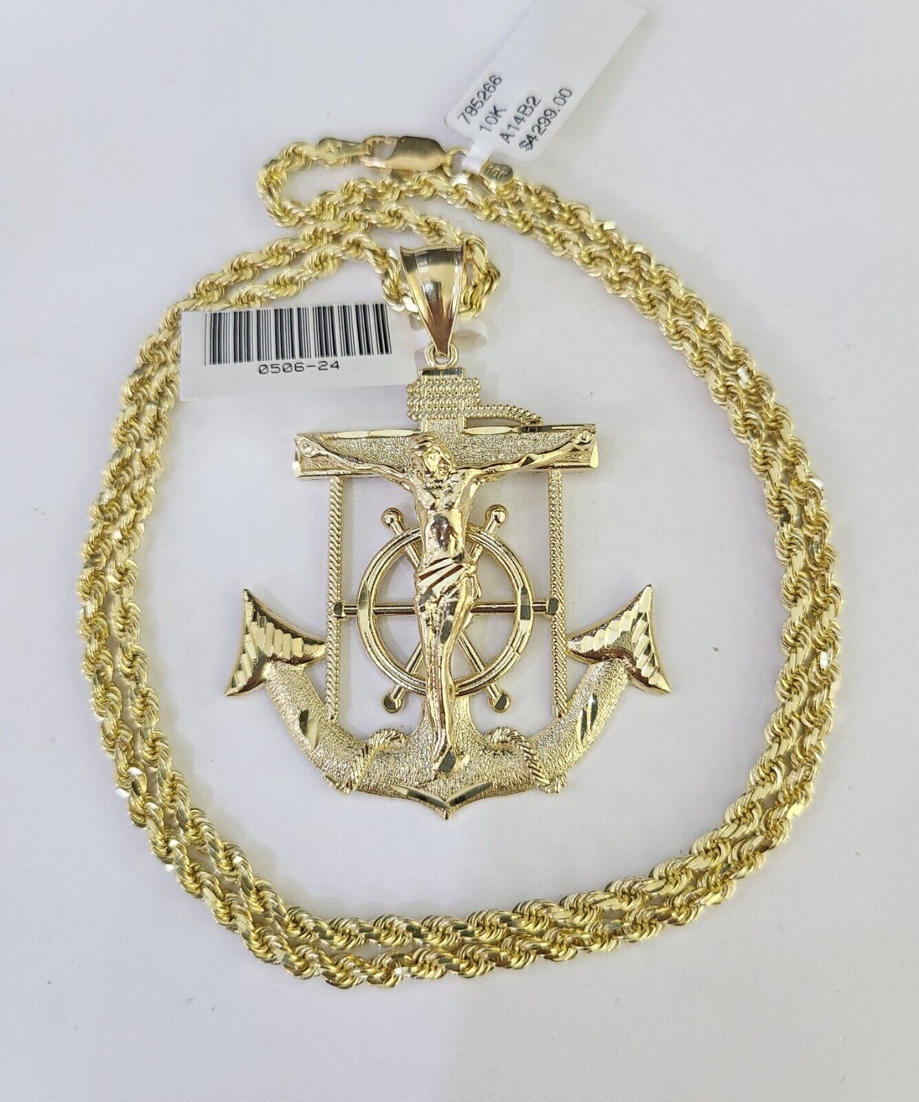 Real 10k Solid Rope Chain Jesus Anchor Charm Set 3mm 20" - 30" Inch Necklace Gold - GoldenlinQ