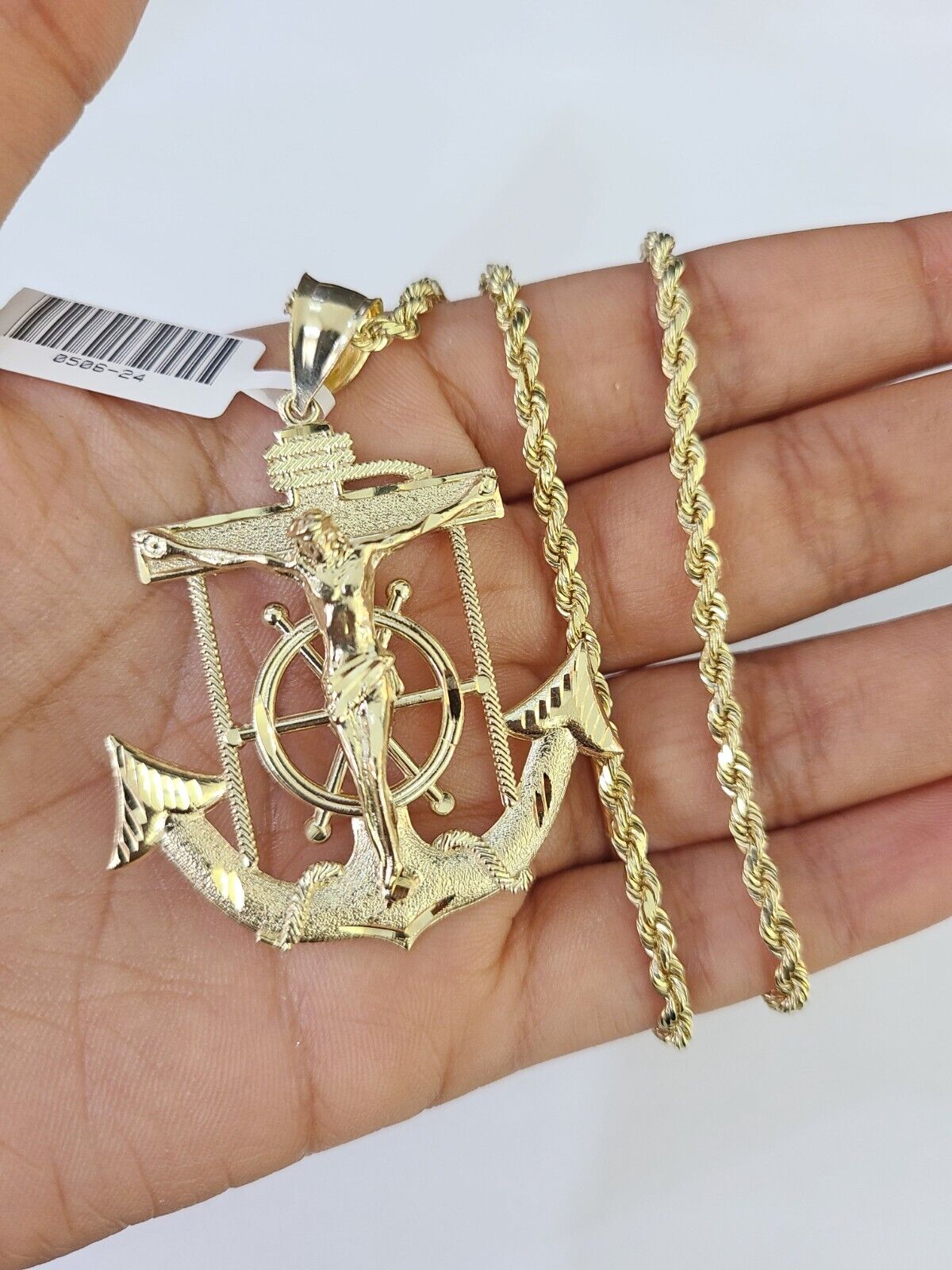 Real 10k Solid Rope Chain Jesus Anchor Charm Set 3mm 20" - 30" Inch Necklace Gold - GoldenlinQ
