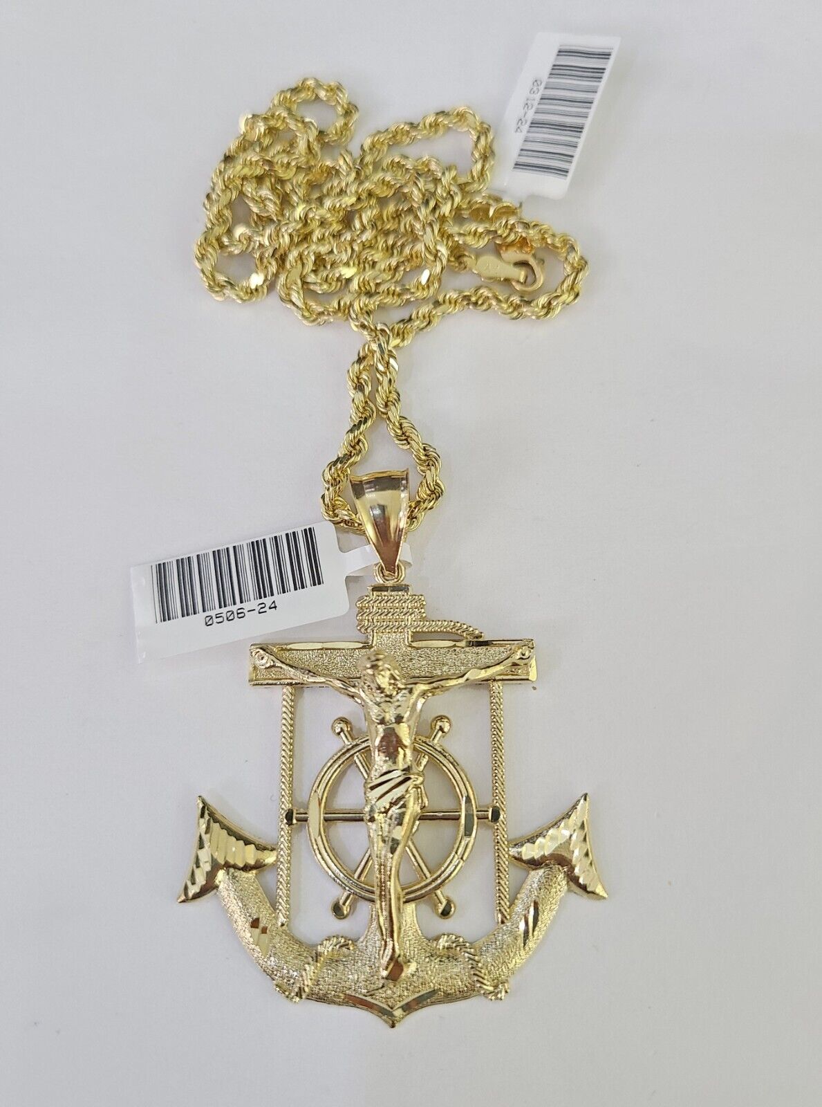 Real 10k Solid Rope Chain Jesus Anchor Charm Set 3mm 20" - 30" Inch Necklace Gold - GoldenlinQ