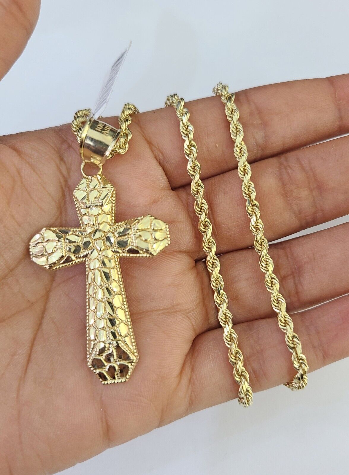 Real 10k Solid Rope Chain Jesus Cross Charm Set 3mm 20" - 30" Inch Necklace Gold - GoldenlinQ