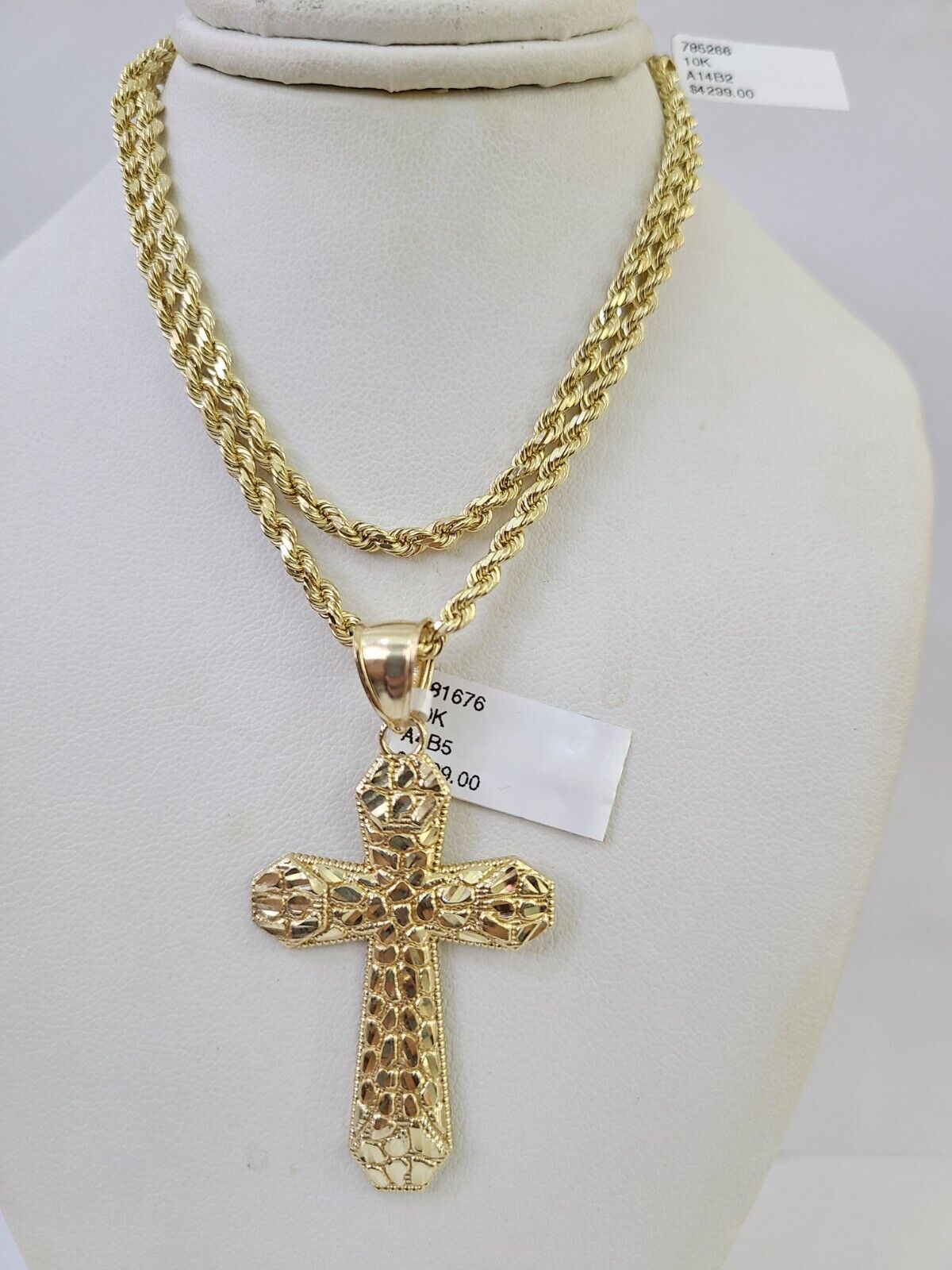 Real 10k Solid Rope Chain Jesus Cross Charm Set 3mm 20" - 30" Inch Necklace Gold - GoldenlinQ