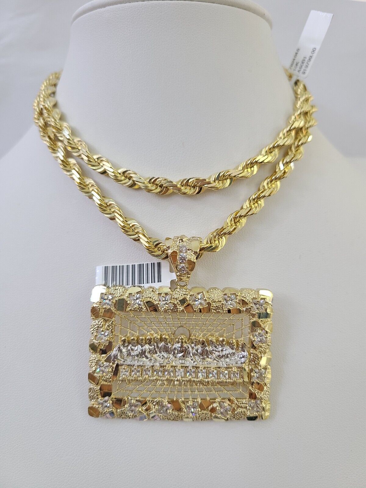 Real 10k Solid Rope Chain Last Supper Charm Set 6mm 20" - 30" Inch Necklace Gold - GoldenlinQ