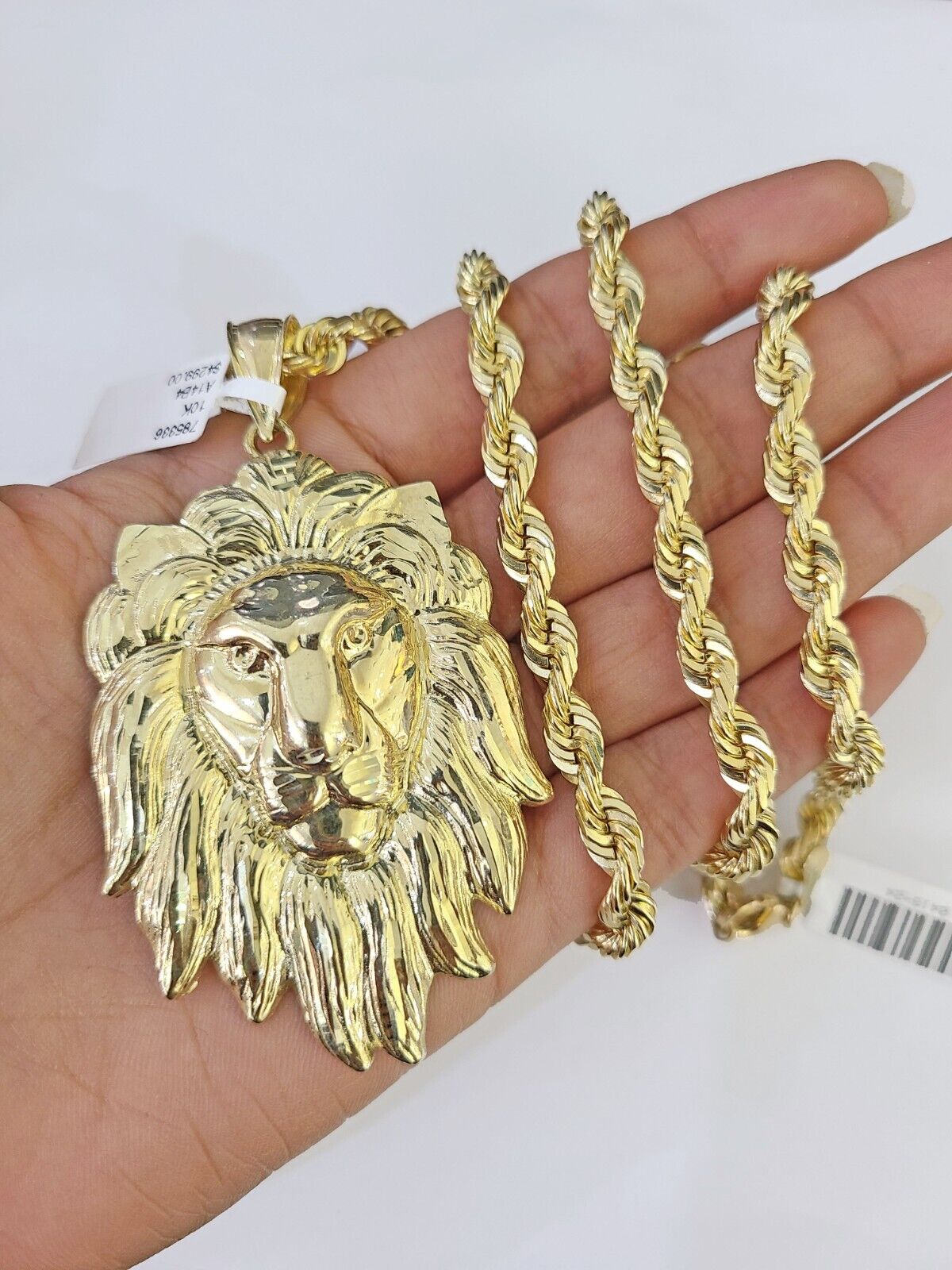 Real 10k Solid Rope Chain Lion Charm Set 6mm 20" - 30" Inch Necklace Yellow Gold - GoldenlinQ