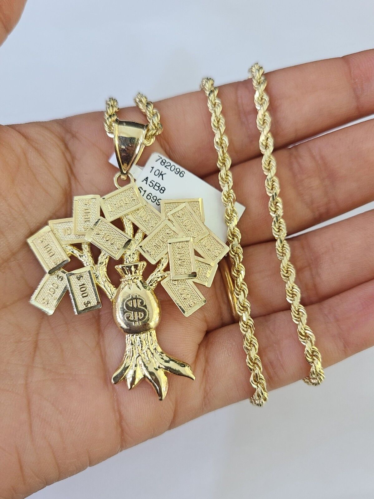 Real 10k Solid Rope Chain Money Tree Charm Set 3mm 20" - 30" Inch Necklace Gold - GoldenlinQ