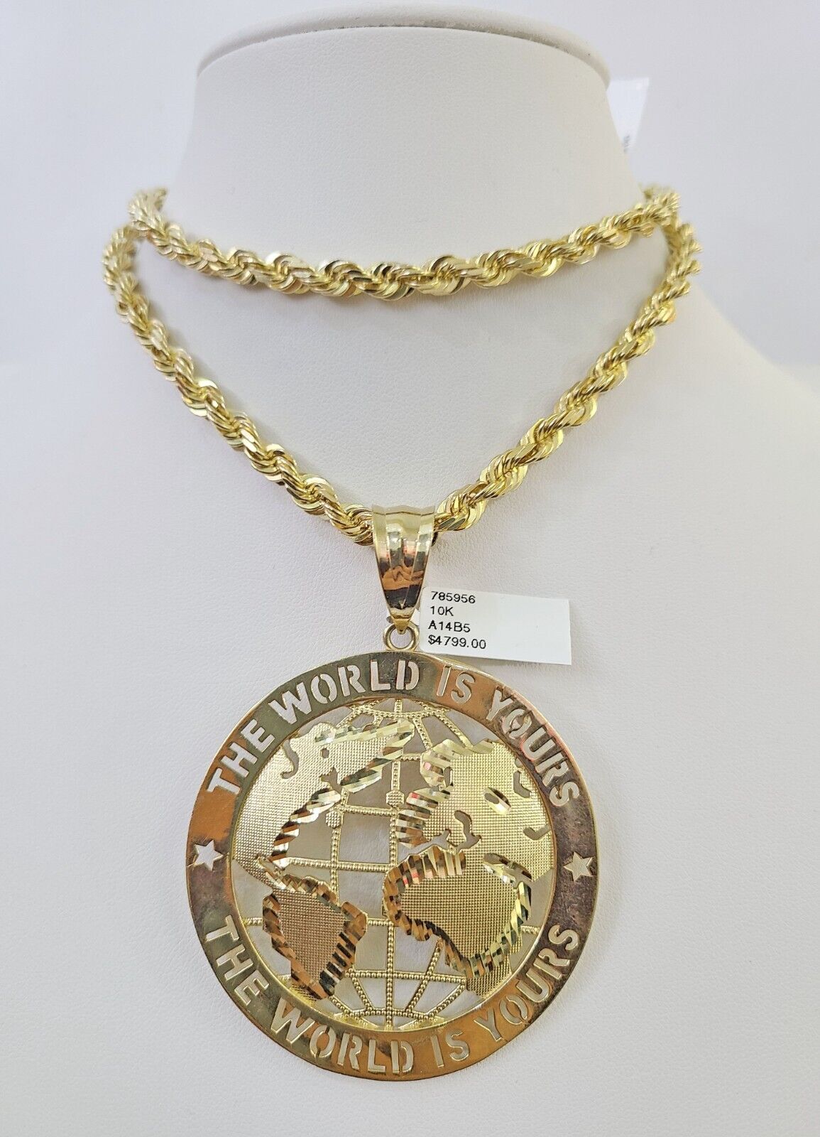 Real 10k Solid Rope Chain World is Yours Charm Set 6mm 20" - 30" Inch Necklace - GoldenlinQ