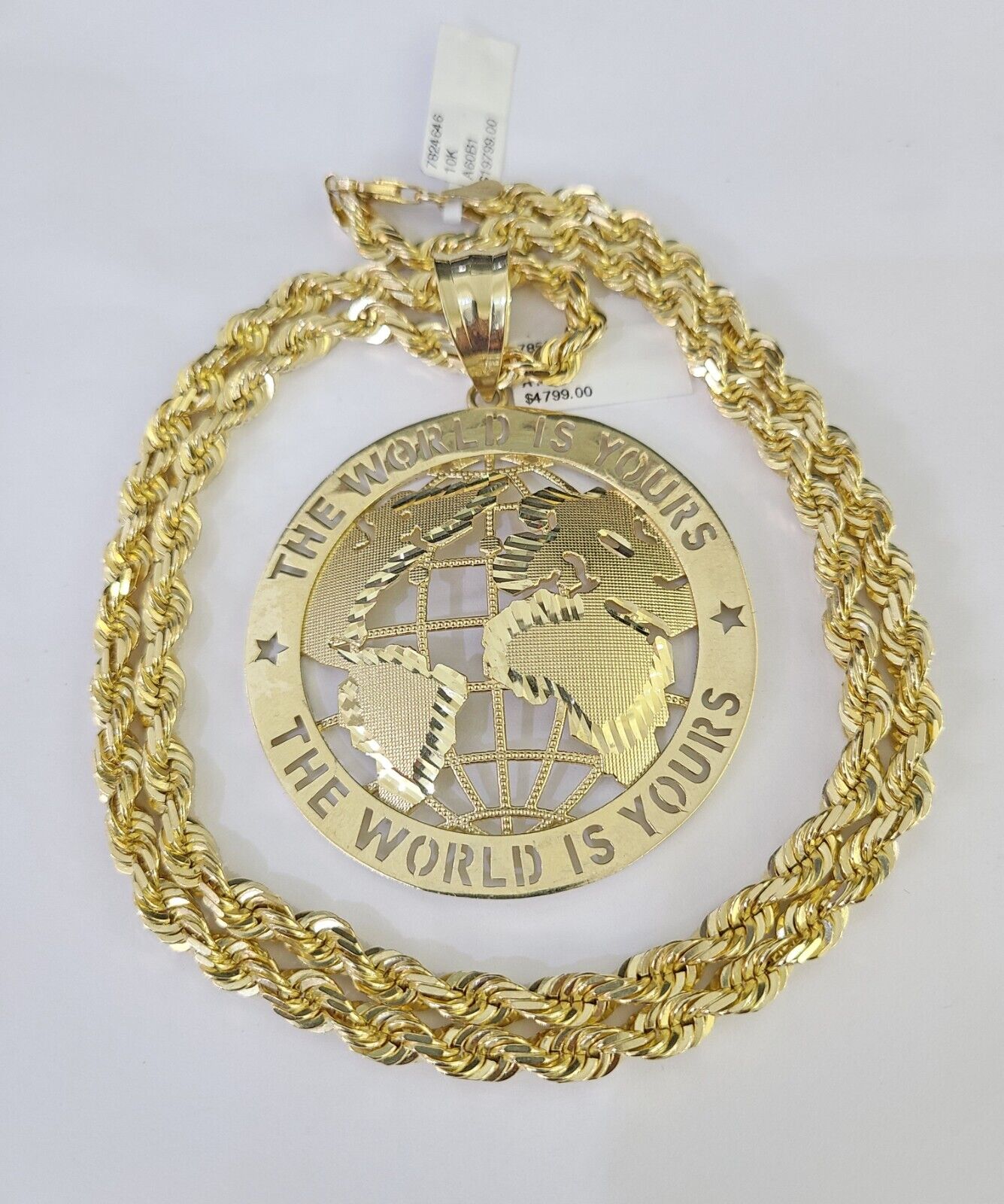 Real 10k Solid Rope Chain World is Yours Charm Set 6mm 20" - 30" Inch Necklace - GoldenlinQ