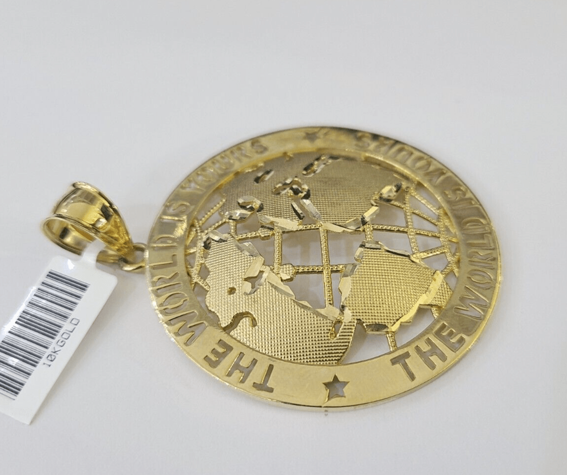 Real 10k The World is Yours Map Pendant Charm Yellow Gold Diamond Cut 10kt - GoldenlinQ