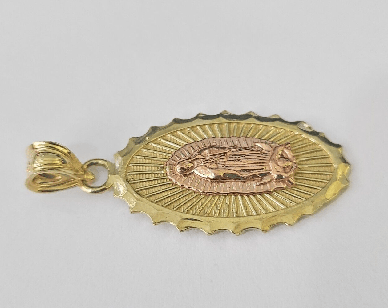 Real 10K Virgin Mary Pendent Charm 10kt Yellow Gold 1" Oval Holy Mother - GoldenlinQ