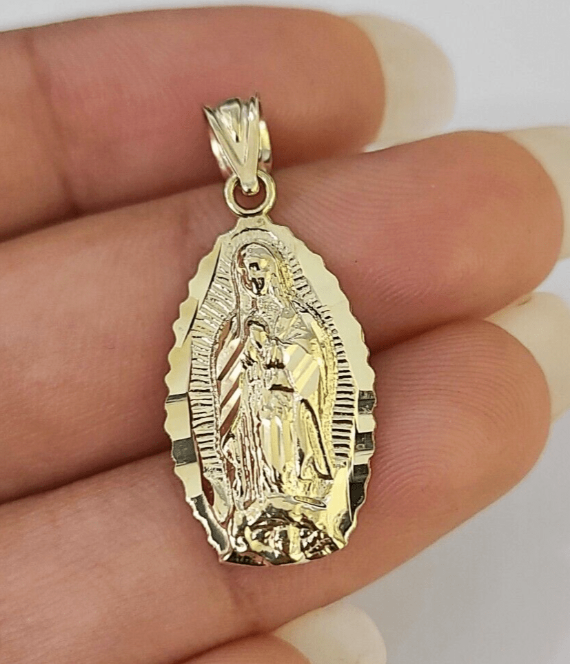 Real 10K Virgin Mary Pendent Charm 10kt Yellow Gold 1" Oval Holy Mother - GoldenlinQ