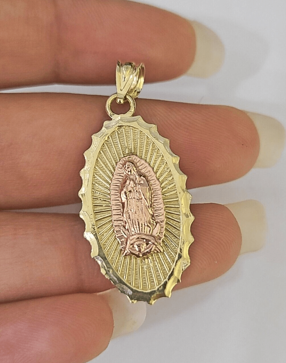 Real 10K Virgin Mary Pendent Charm 10kt Yellow Gold 1" Oval Holy Mother - GoldenlinQ