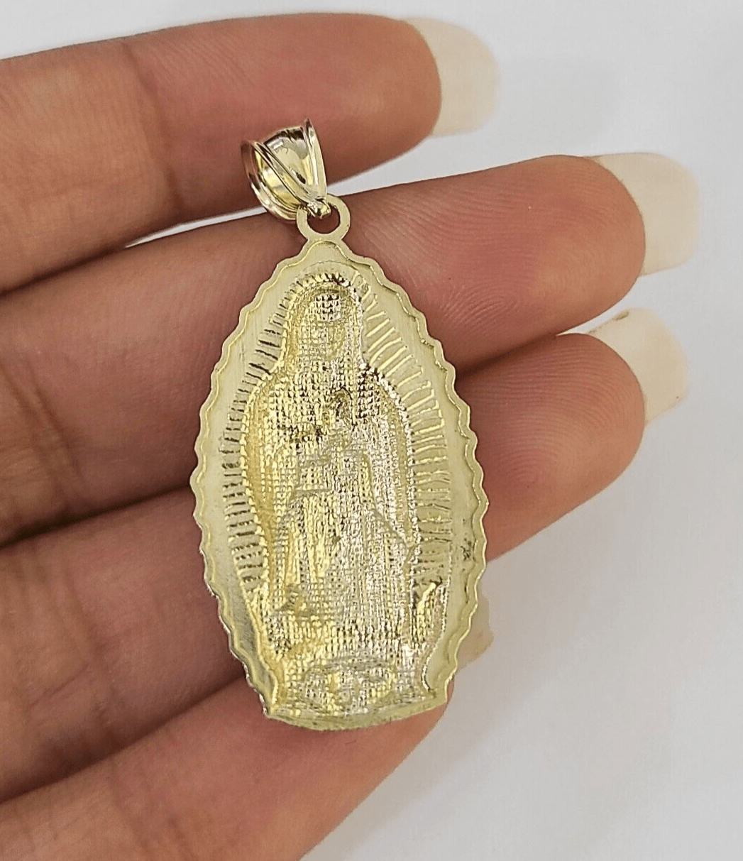 Real 10K Virgin Mary Pendent Charm 10kt Yellow Gold 1.5" Oval Holy Mother - GoldenlinQ