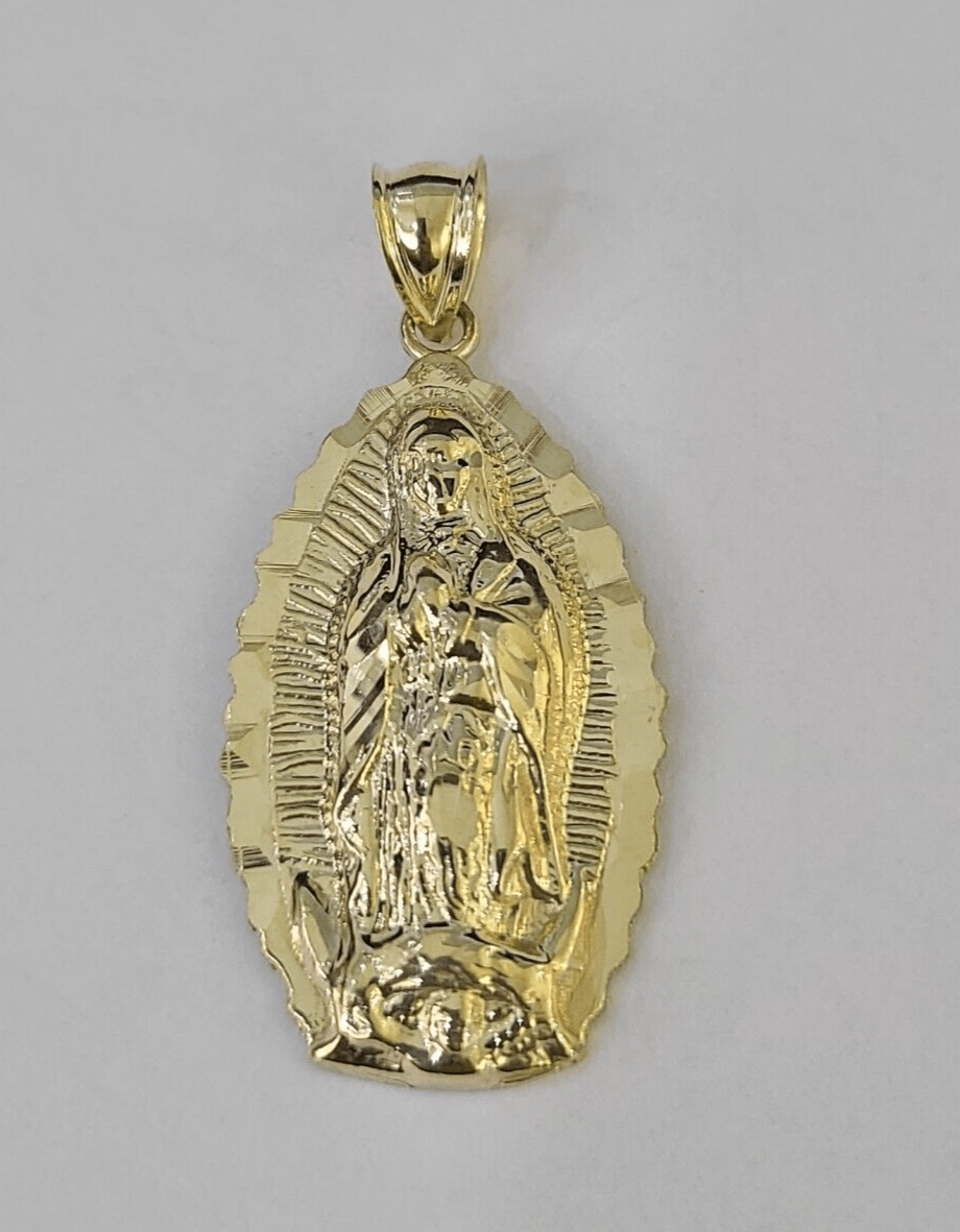 Real 10K Virgin Mary Pendent Charm 10kt Yellow Gold 1.5" Oval Holy Mother - GoldenlinQ