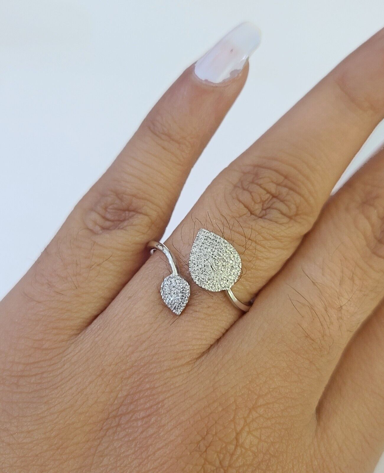 REAL 10k White Gold Diamond Ring Leaf Shaped Casual Engagement Ring Genuine - GoldenlinQ