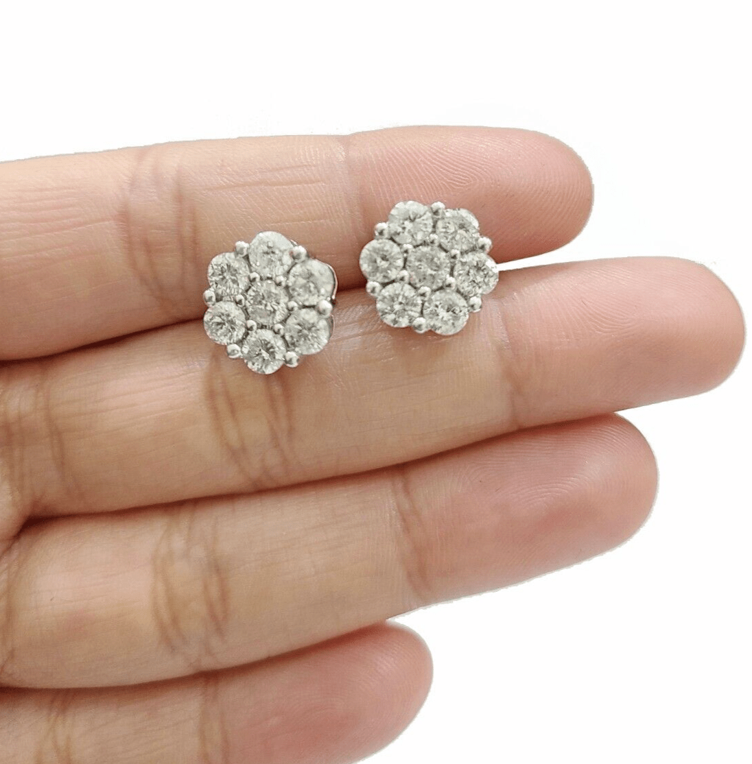 Real 10k White Gold Earring Stud Diamond 3.39CT Round Design Unisex Screw Back - GoldenlinQ