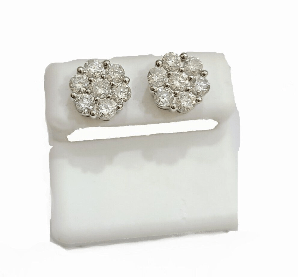 Real 10k White Gold Earring Stud Diamond 3.39CT Round Design Unisex Screw Back - GoldenlinQ