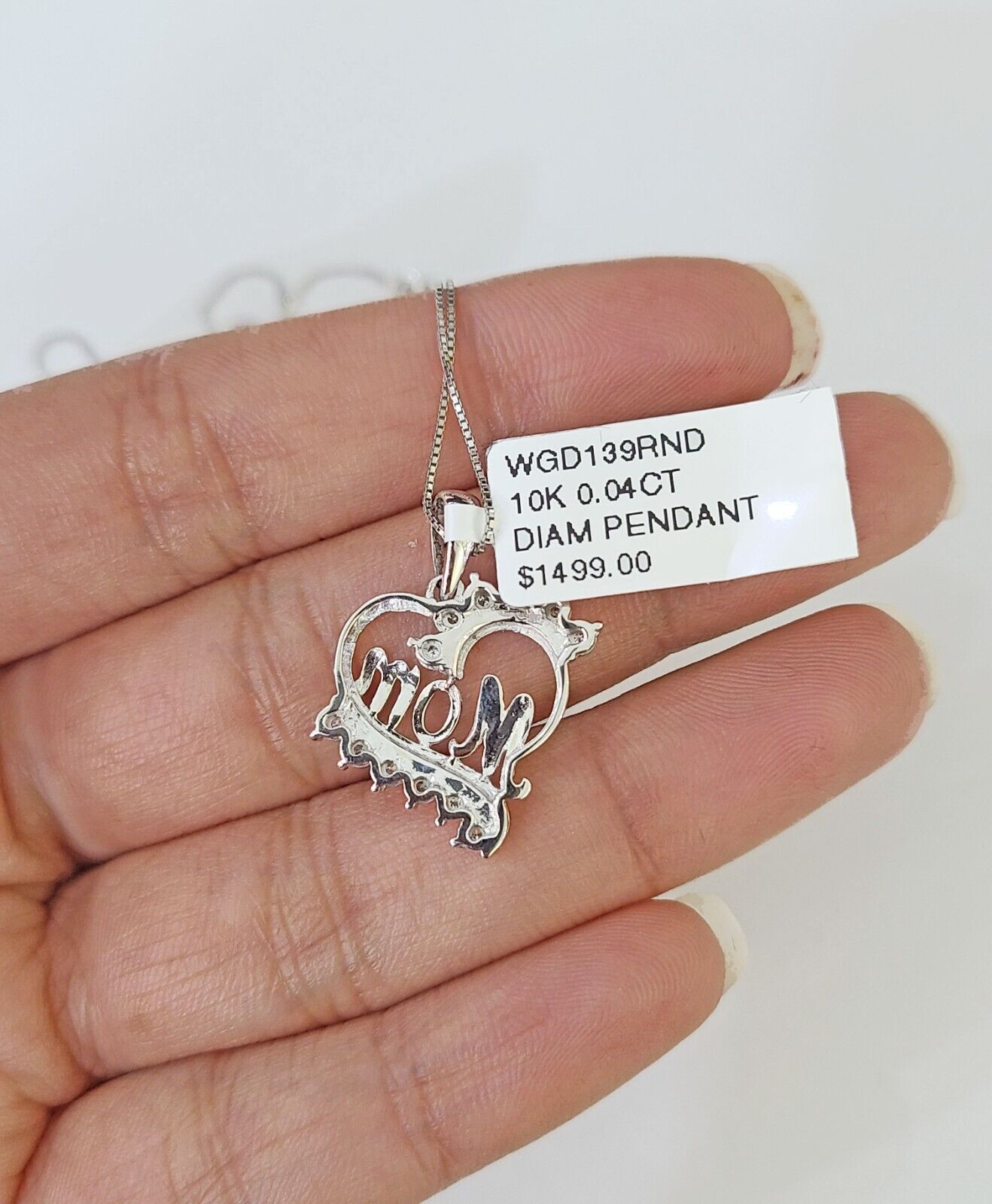 Real 10k White Gold Heart Diamond Mom Pendant Box Chain Necklace Set Women - GoldenlinQ