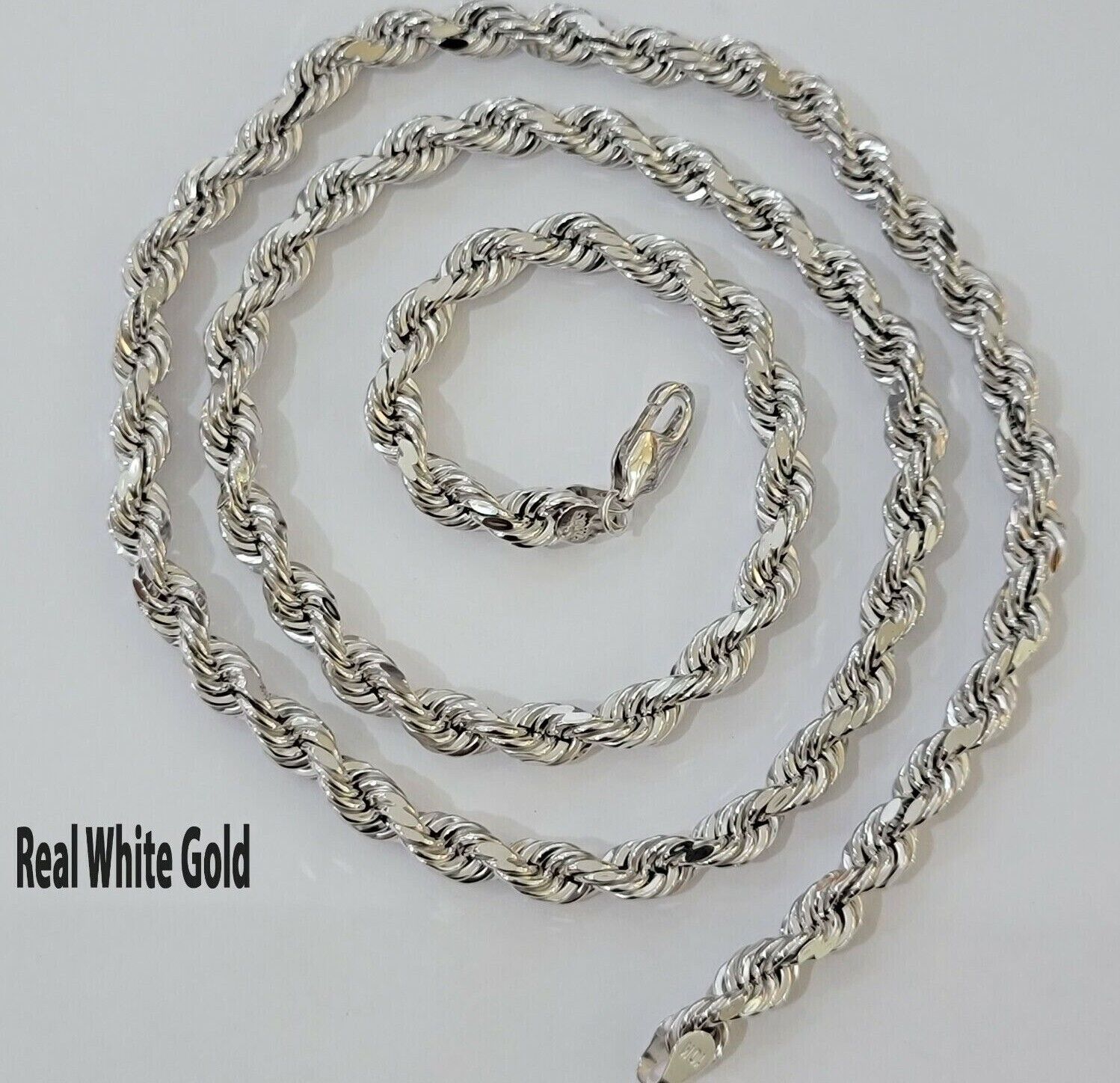 Real 10k White Gold Rope Chain Necklace 22 Inch 6mm Diamond Cuts Mens 10KT SOLID - GoldenlinQ