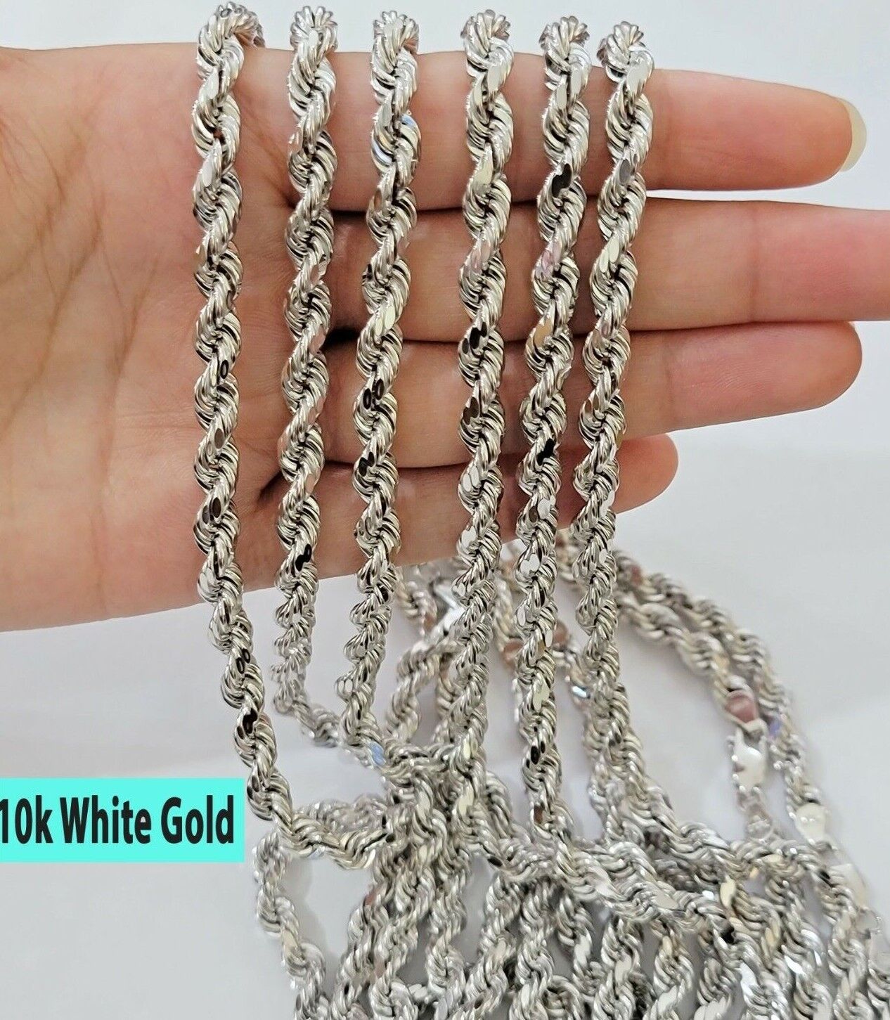Real 10k White Gold Rope Chain Necklace 22 Inch 6mm Diamond Cuts Mens 10KT SOLID - GoldenlinQ