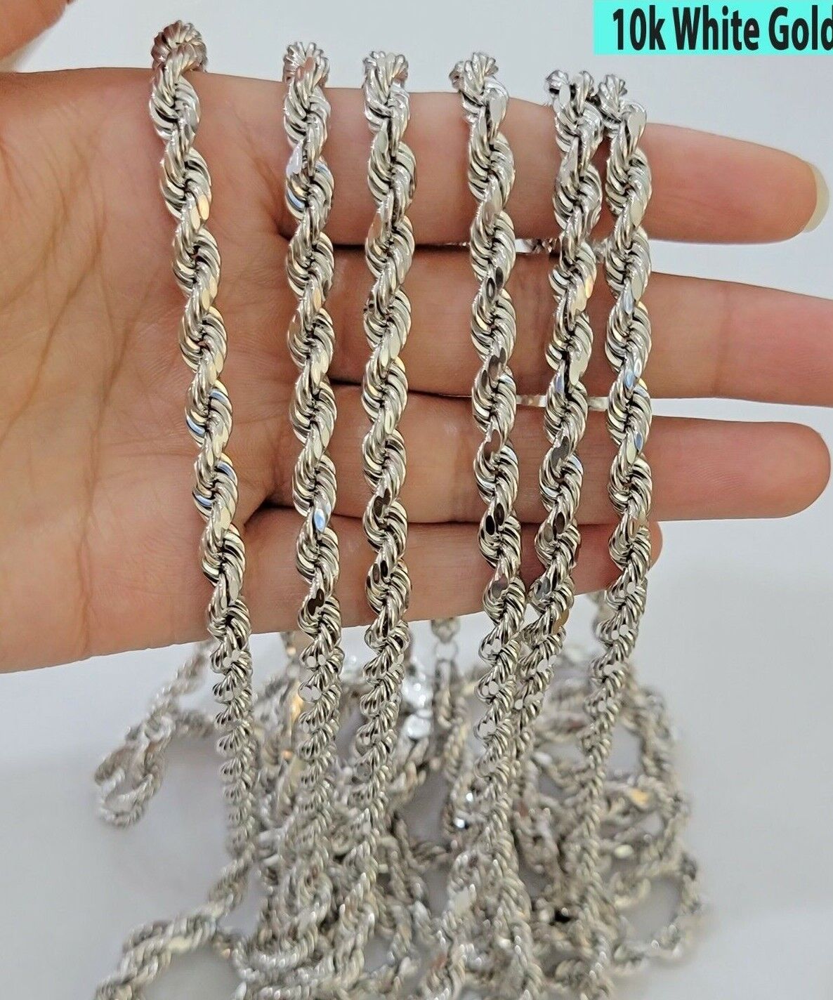 Real 10k White Gold Rope Chain Necklace 22 Inch 6mm Diamond Cuts Mens 10KT SOLID - GoldenlinQ
