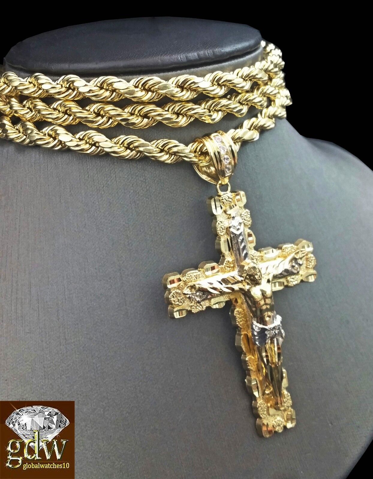 Real 10K Yellow Gold 28" Inch Rope Chain Necklace Cross Pendant Charm - GoldenlinQ