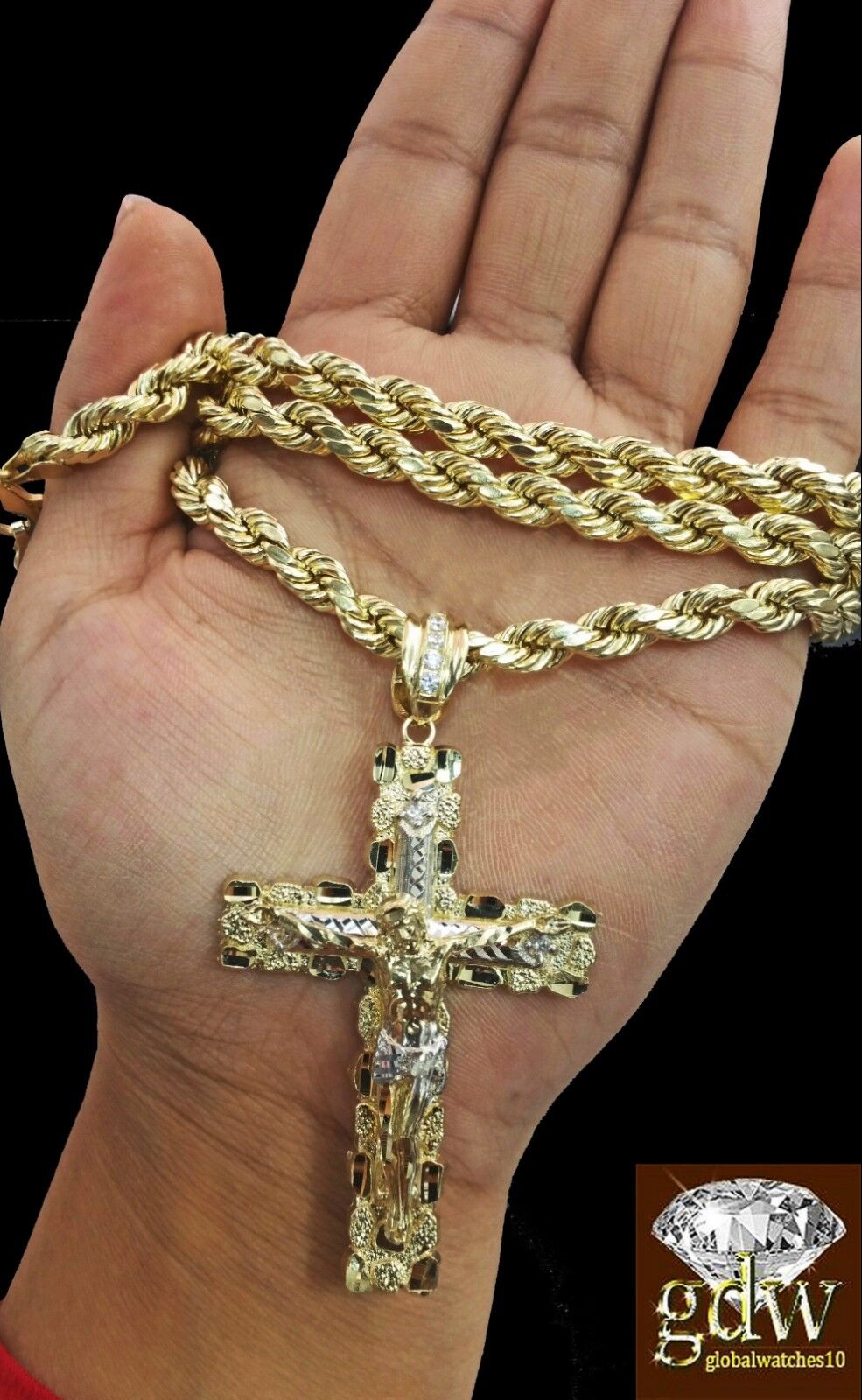 Real 10K Yellow Gold 28" Inch Rope Chain Necklace Cross Pendant Charm - GoldenlinQ