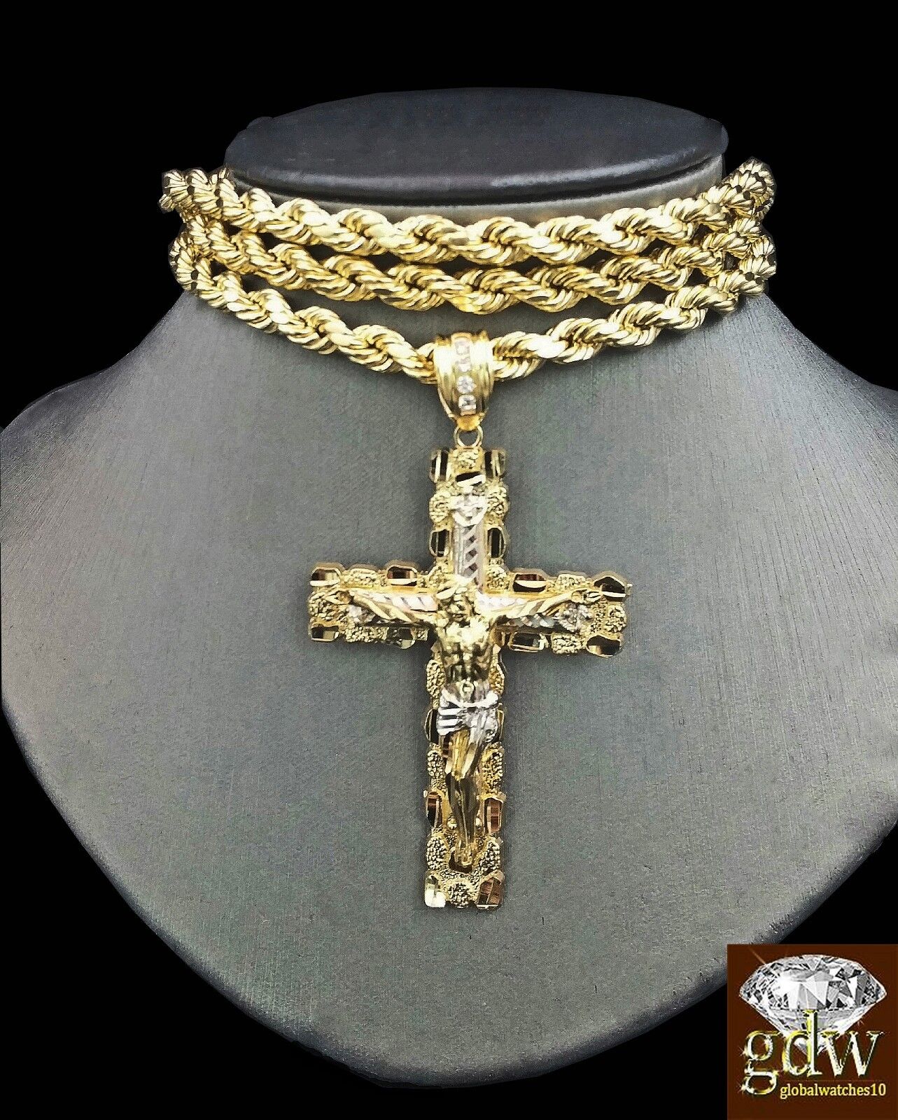 Real 10K Yellow Gold 28 Inch Rope Chain with Jesus Cross Charm Pendant - GoldenlinQ