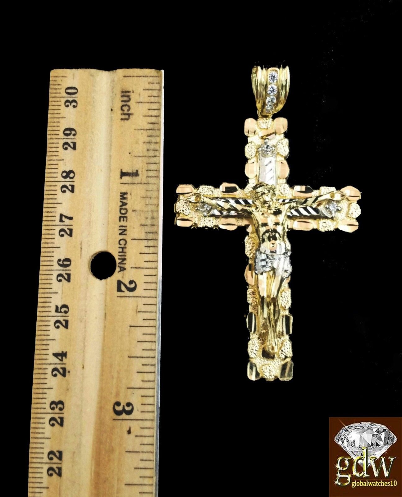 Real 10K Yellow Gold 28 Inch Rope Chain with Jesus Cross Charm Pendant - GoldenlinQ
