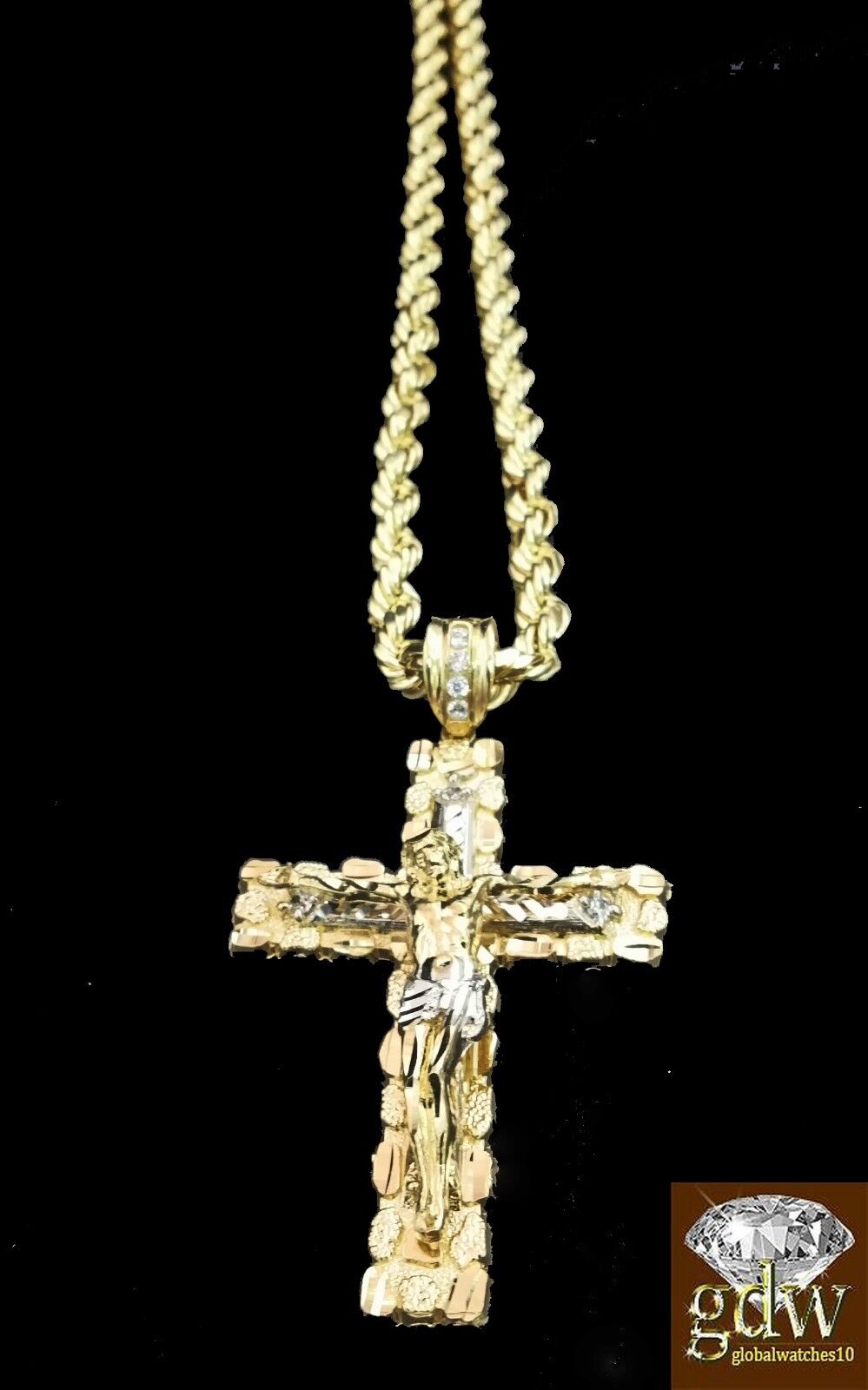 Real 10K Yellow Gold 28 Inch Rope Chain with Jesus Cross Charm Pendant - GoldenlinQ
