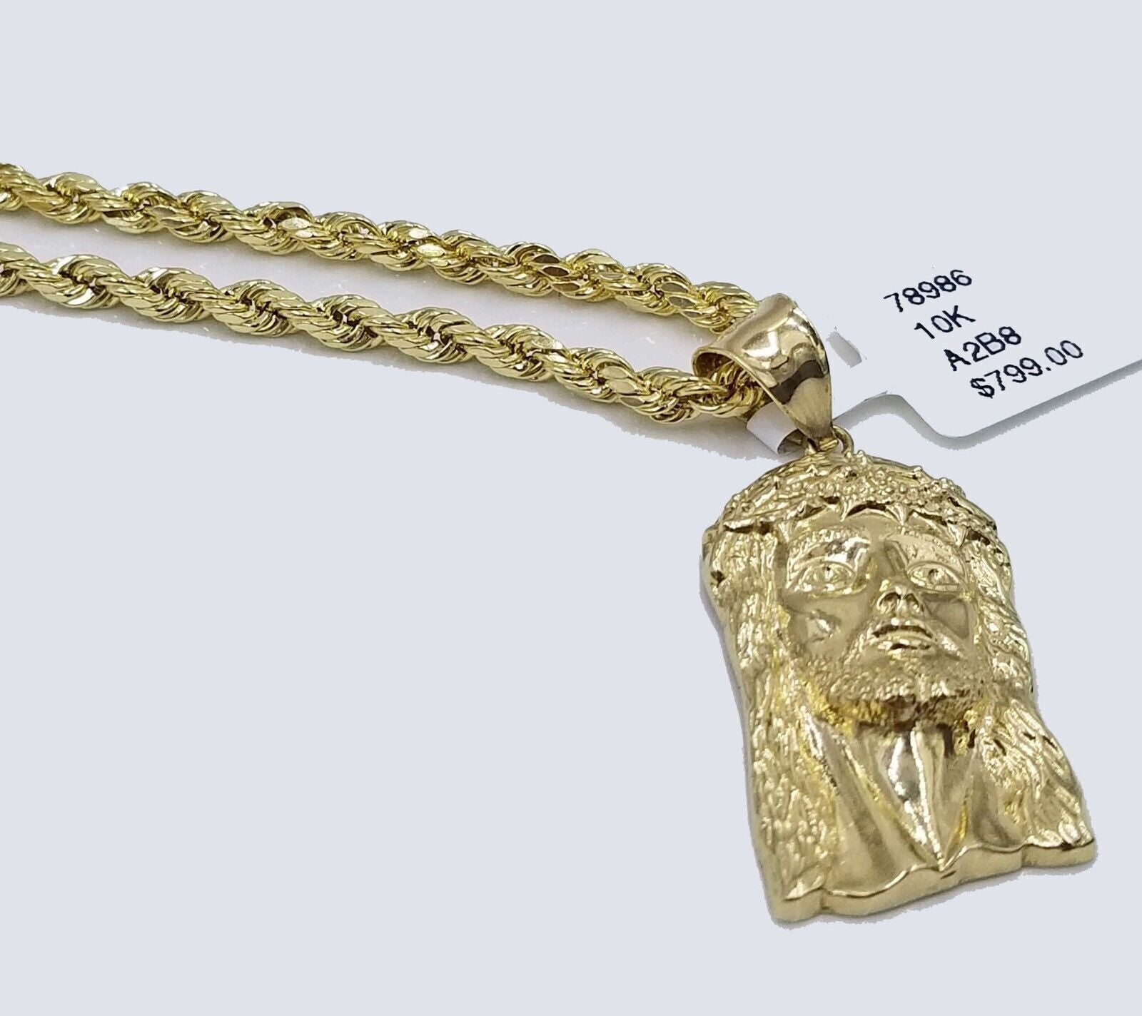 Real 10k Yellow Gold 3mm Rope Chain 18 - 28 inch Necklace And Jesus Head Pendant - GoldenlinQ