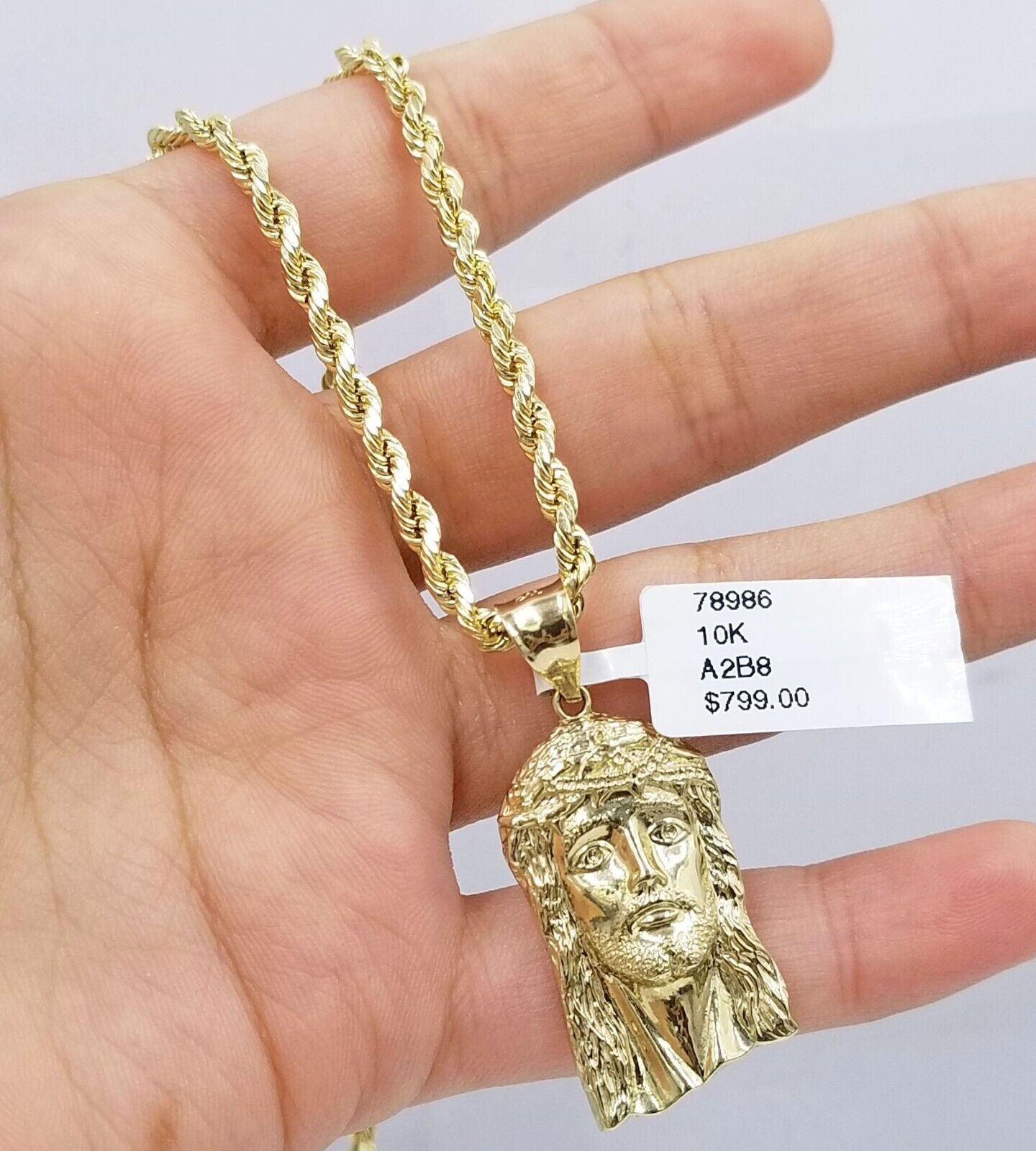 Real 10k Yellow Gold 3mm Rope Chain 18 - 28 inch Necklace And Jesus Head Pendant - GoldenlinQ