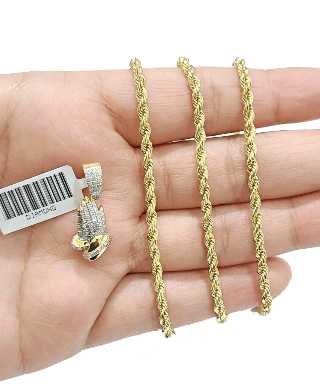 Real 10k Yellow Gold 3mm Rope Chain 20" inch Necklace Praying Hand Charm Pendant - GoldenlinQ