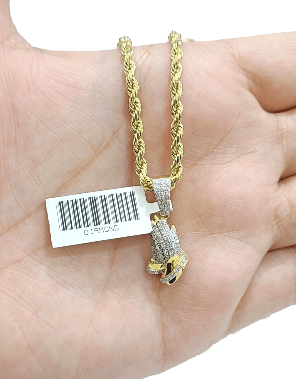 Real 10k Yellow Gold 3mm Rope Chain 20" inch Necklace Praying Hand Charm Pendant - GoldenlinQ