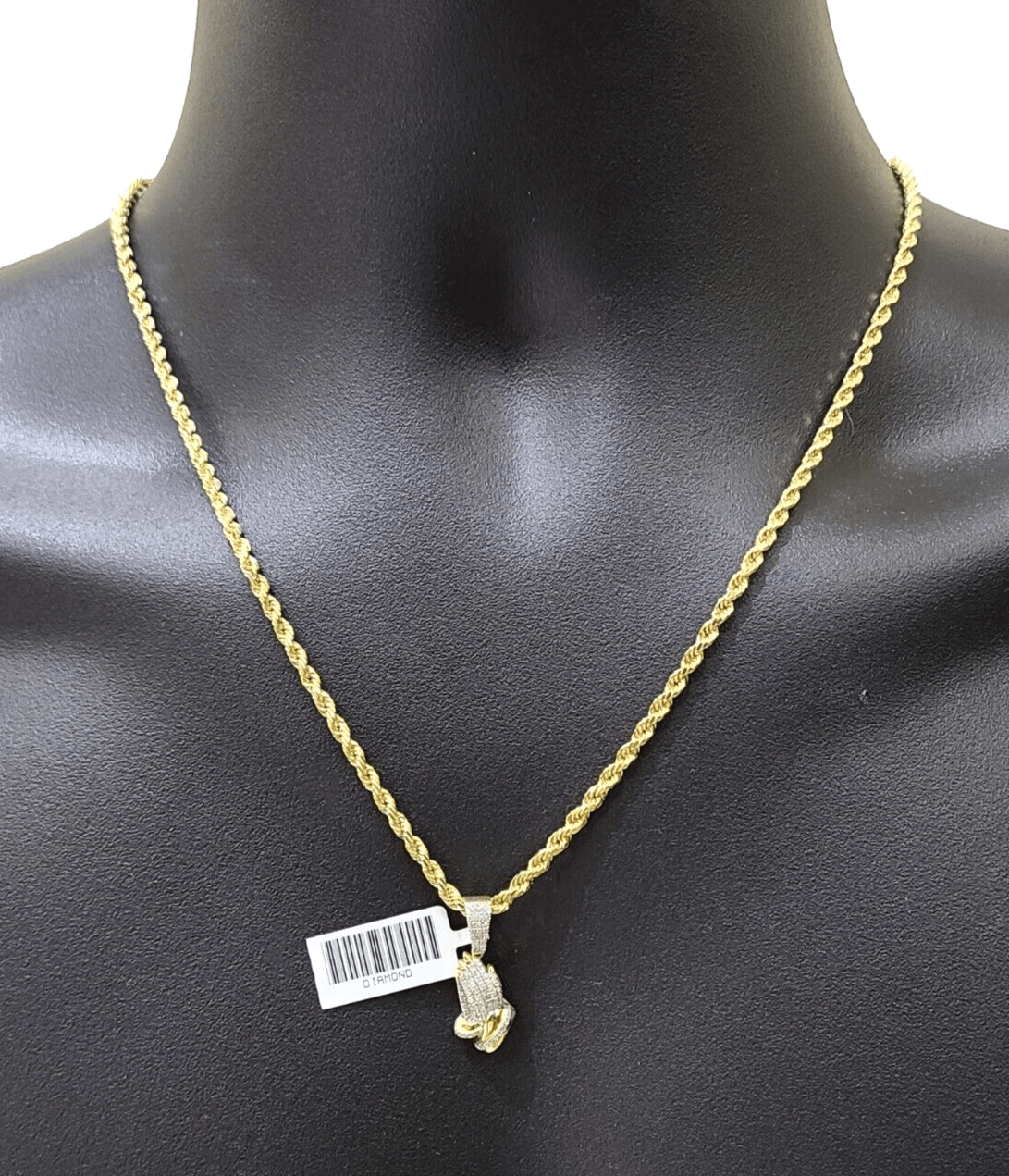 Real 10k Yellow Gold 3mm Rope Chain 20" inch Necklace Praying Hand Charm Pendant - GoldenlinQ