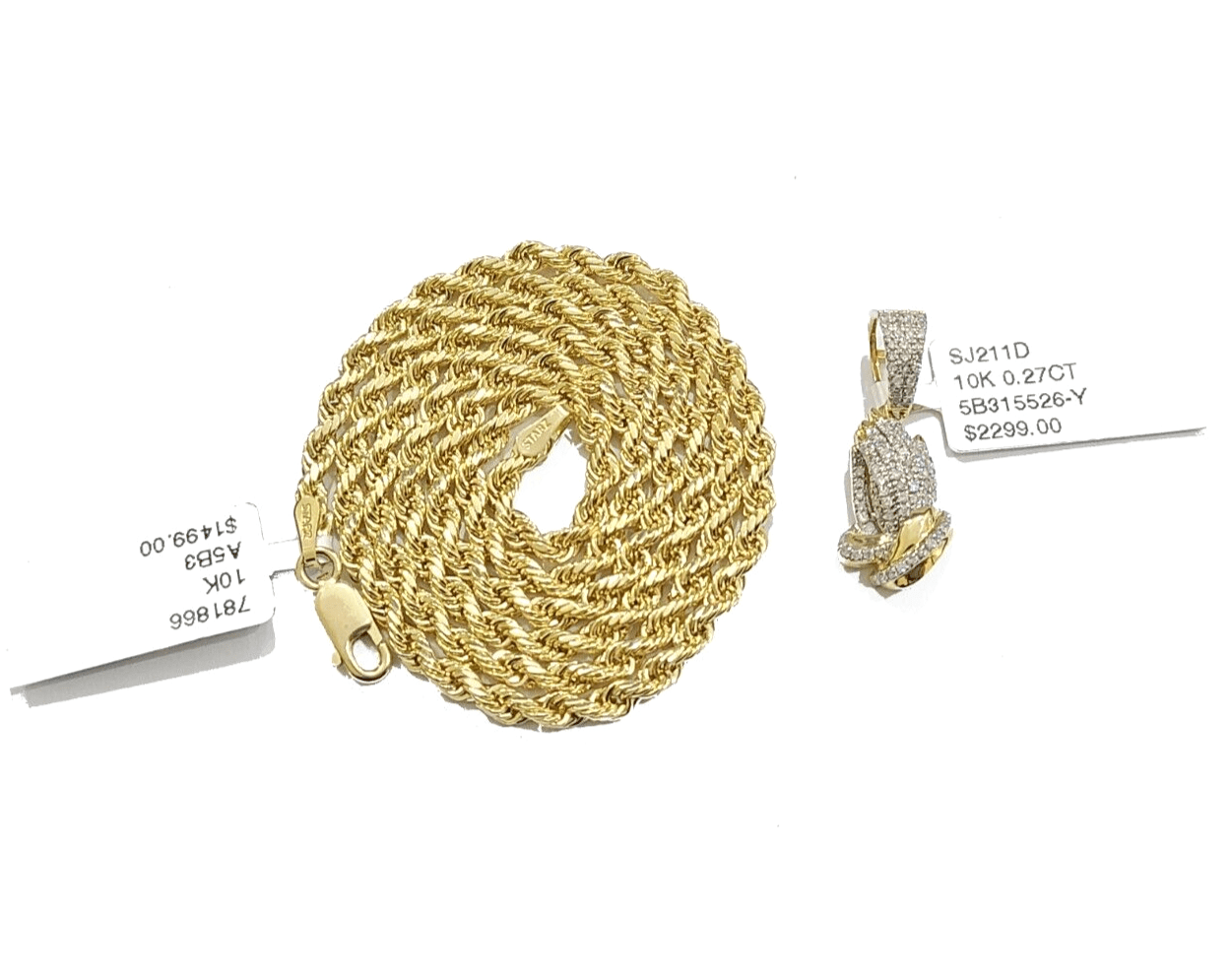 Real 10k Yellow Gold 3mm Rope Chain 20" inch Necklace Praying Hand Charm Pendant - GoldenlinQ