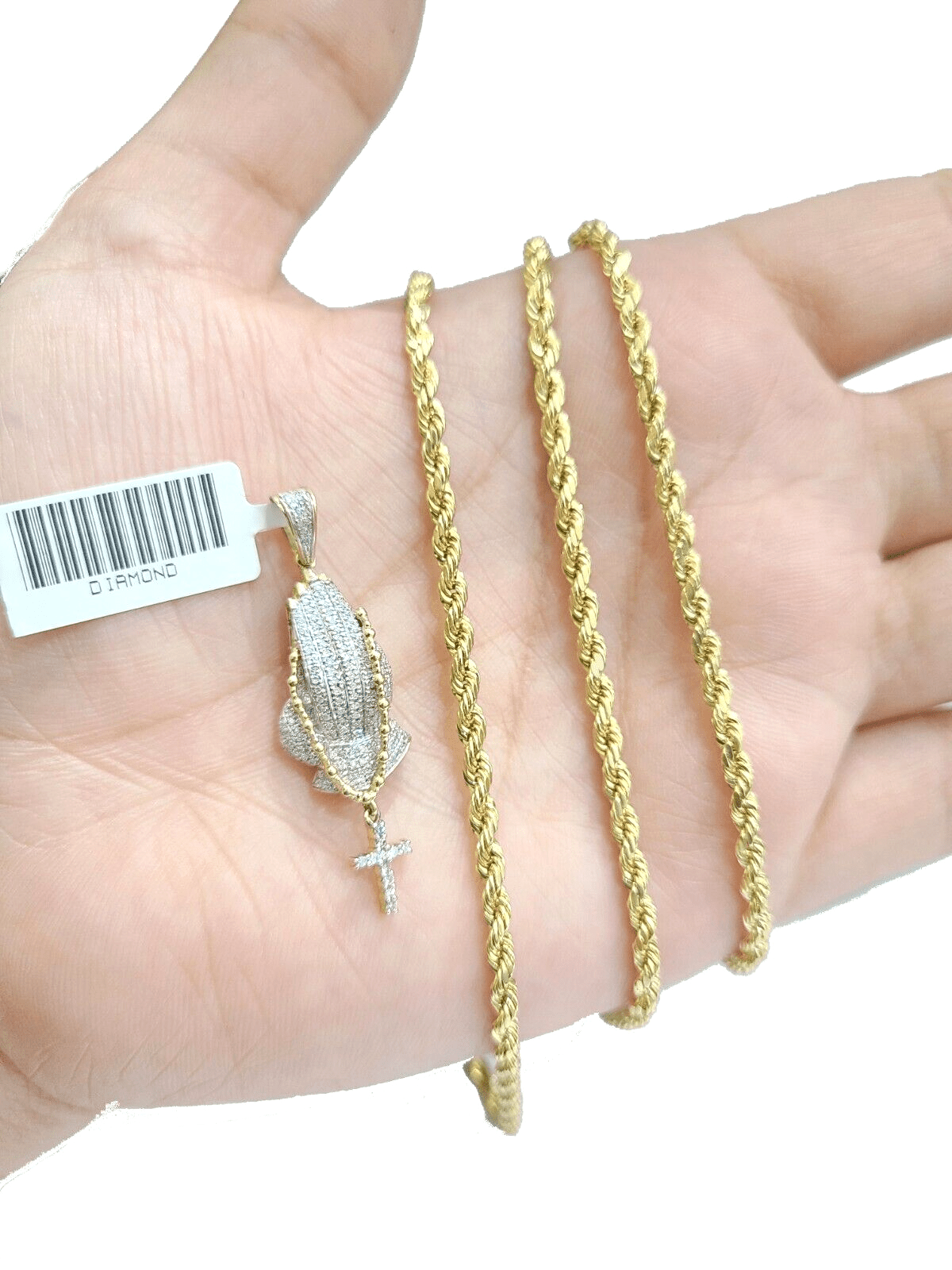 Real 10k Yellow Gold 3mm Rope Chain 26" inch Necklace Praying Hand Charm Cross - GoldenlinQ