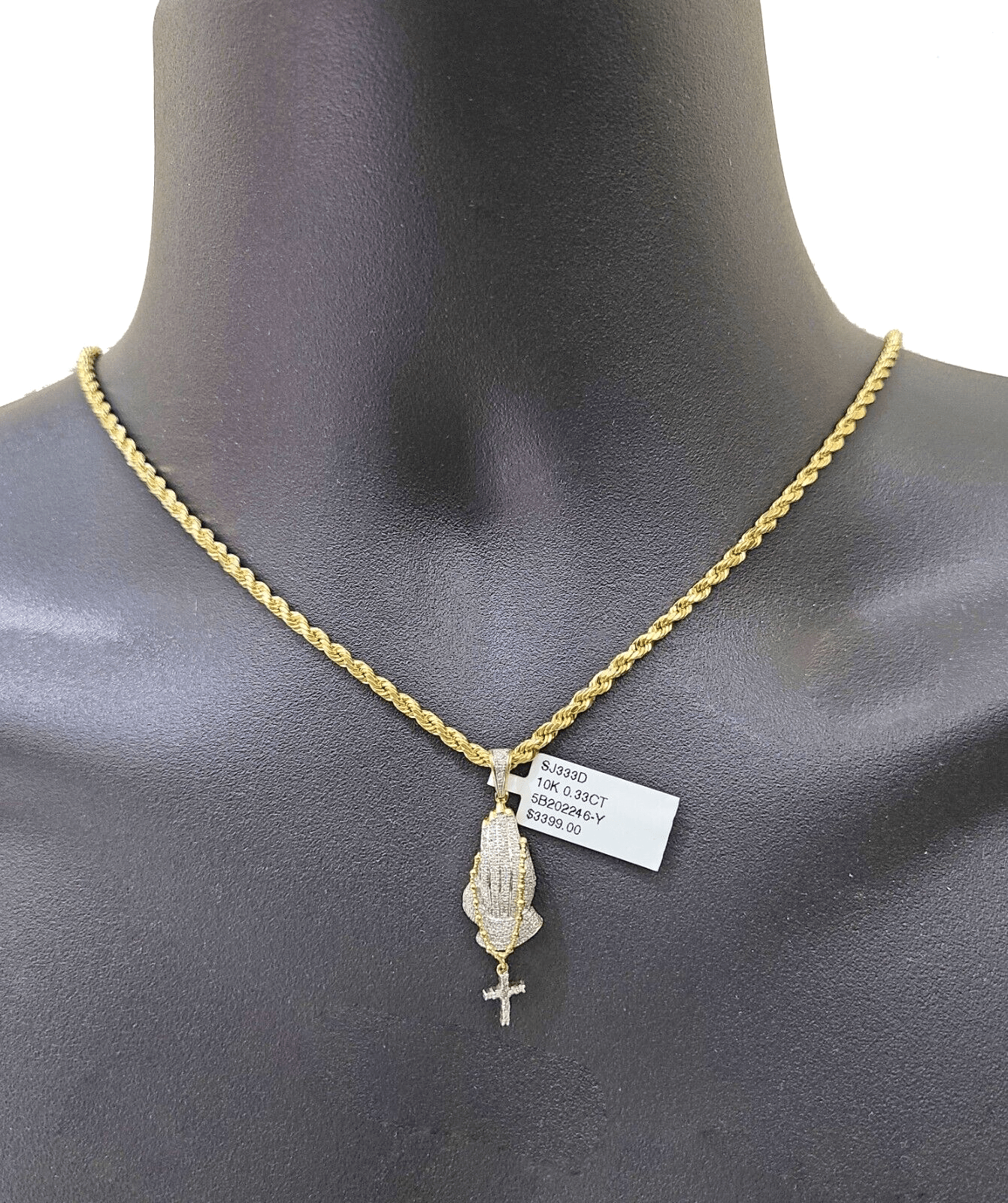 Real 10k Yellow Gold 3mm Rope Chain 26" inch Necklace Praying Hand Charm Cross - GoldenlinQ