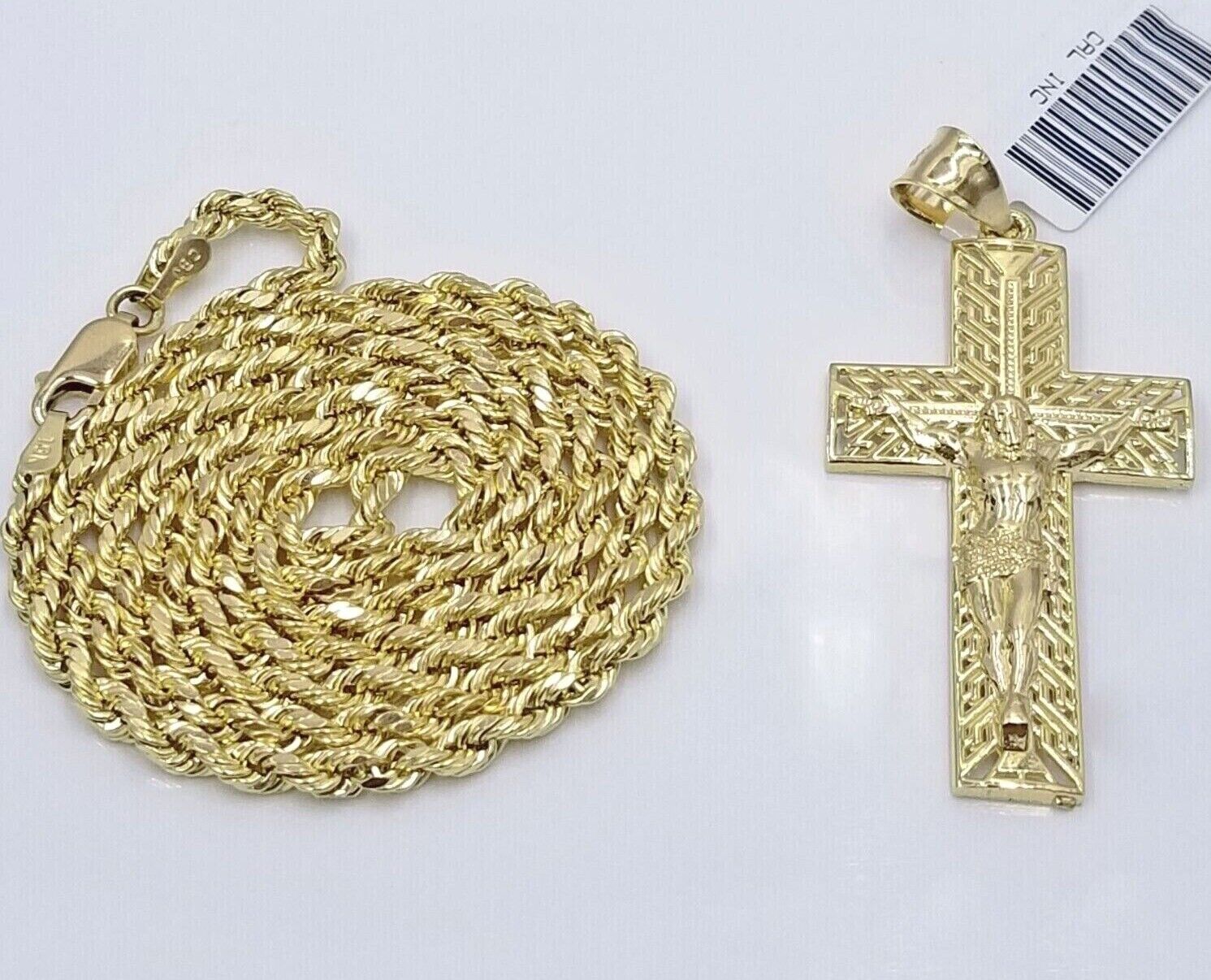 Real 10k Yellow Gold 3mm Rope Chain Cross Pendant 20" inch Necklace , Men Women - GoldenlinQ