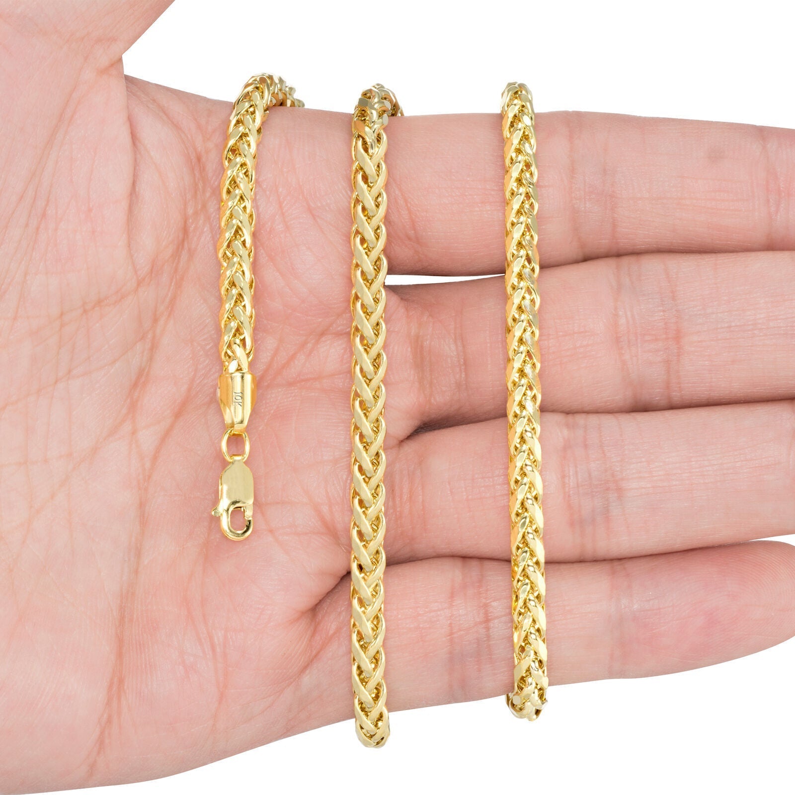 Real 10K Yellow Gold 4mm Wheat Palm Franco Spiga Chain Necklace 16" - 30" Hollow - GoldenlinQ