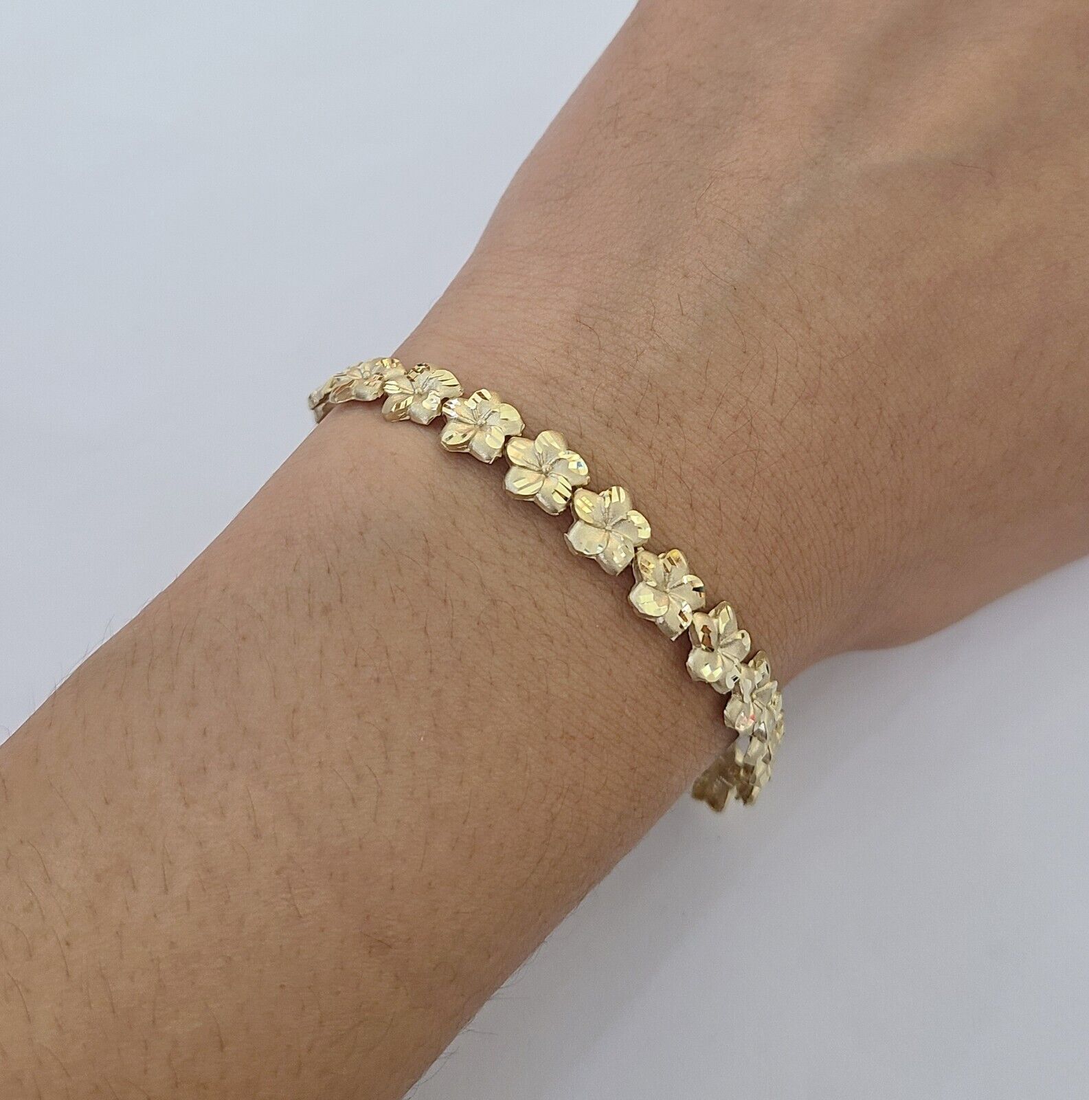 Real 10K Yellow Gold 8mm Flower Bracelet 7.5" Inch 10kt Gold - GoldenlinQ