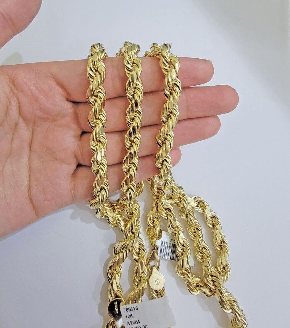 Real 10k Yellow Gold 8mm Rope Chain Necklace 18 in - 30 Inch Diamond Cuts 10kt - GoldenlinQ