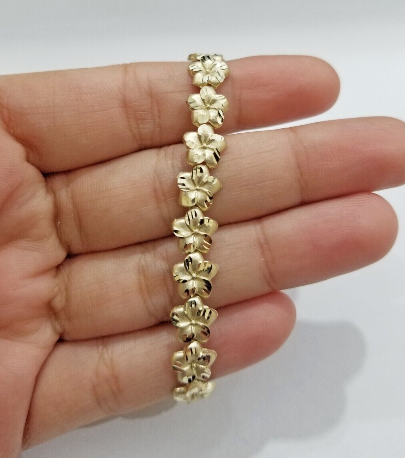 Real 10K Yellow Gold 9mm Flower Bracelet 8" inch 10kt Lobster lock - GoldenlinQ