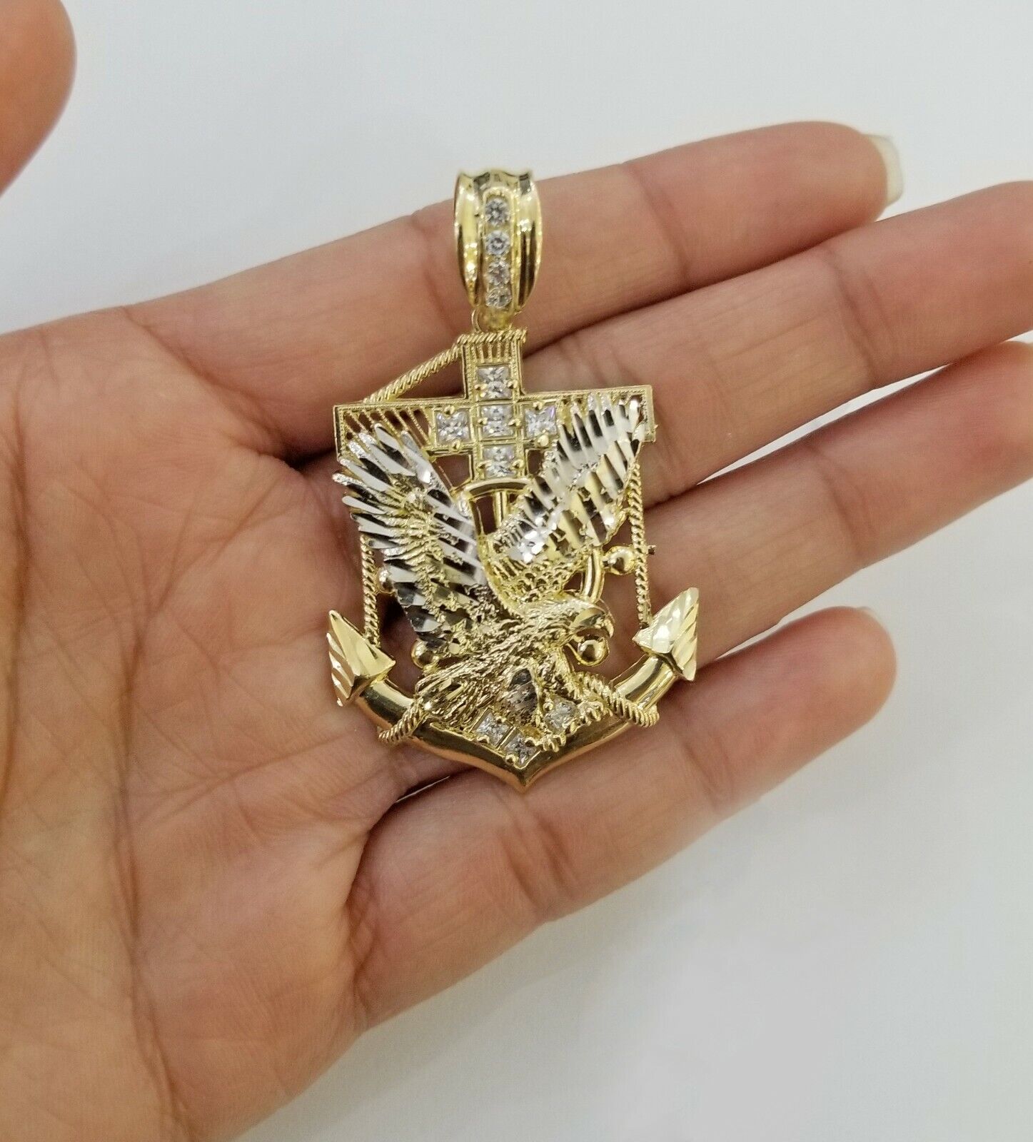 Real 10k Yellow Gold American Eagle Anchor Pendant 2 inches Charm - GoldenlinQ