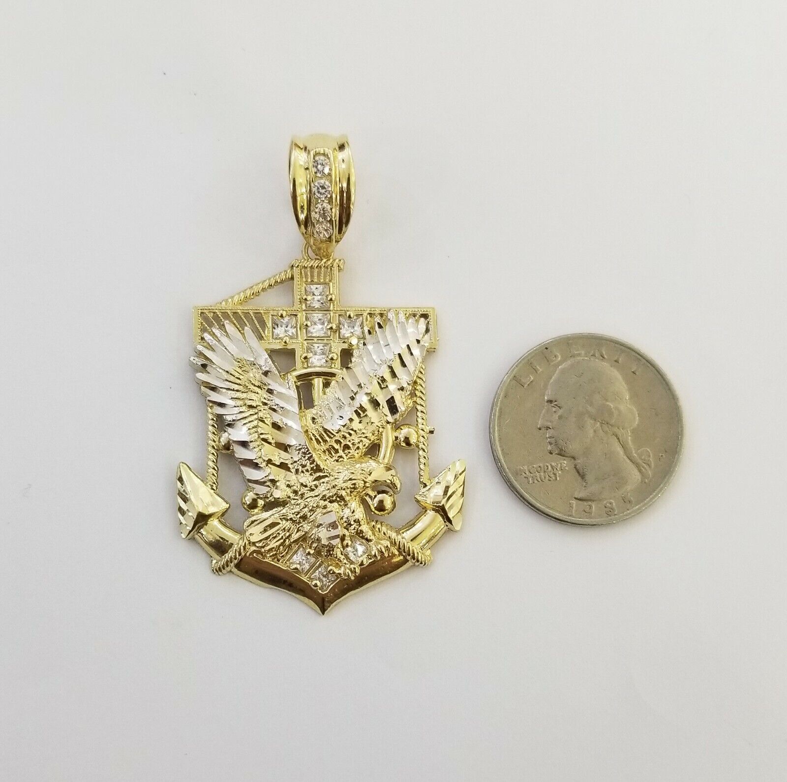 Real 10k Yellow Gold American Eagle Anchor Pendant 2 inches Charm - GoldenlinQ