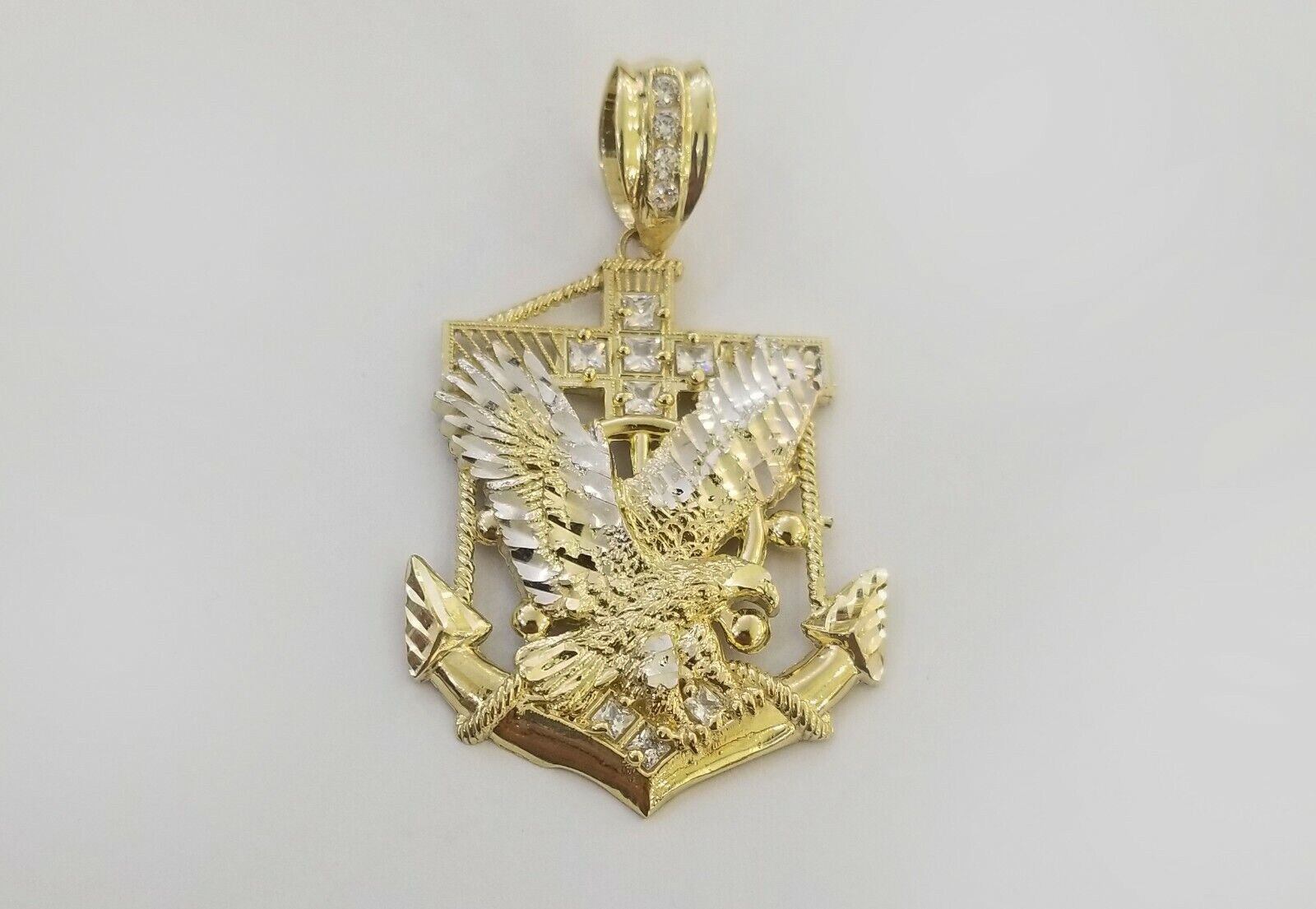 Real 10k Yellow Gold American Eagle Anchor Pendant 2 inches Charm - GoldenlinQ