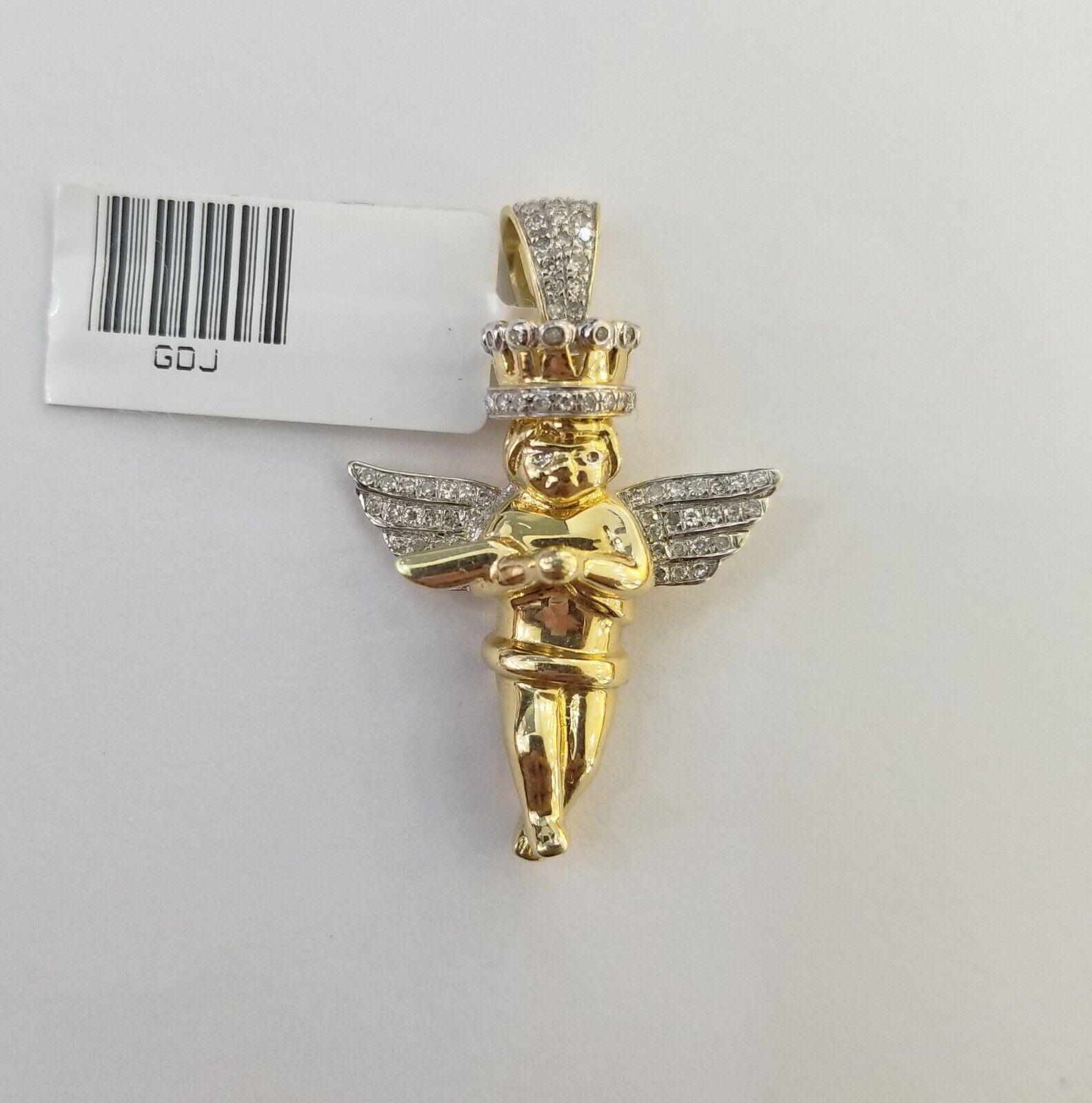 Real 10k Yellow Gold Angel Praying Hand Real Diamond Pendant Mini Angel Charm - GoldenlinQ