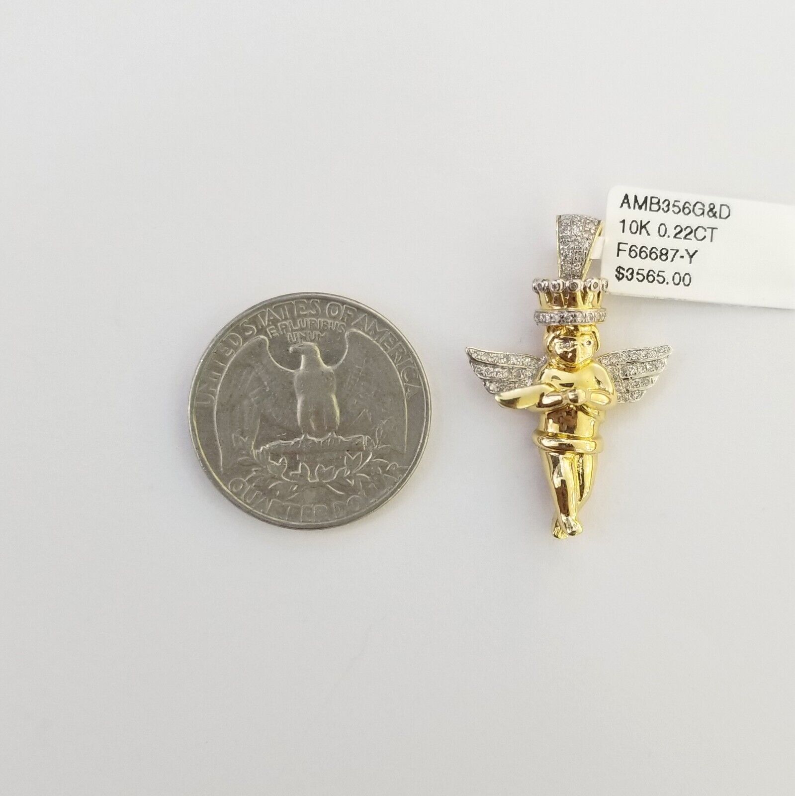 Real 10k Yellow Gold Angel Praying Hand Real Diamond Pendant Mini Angel Charm - GoldenlinQ